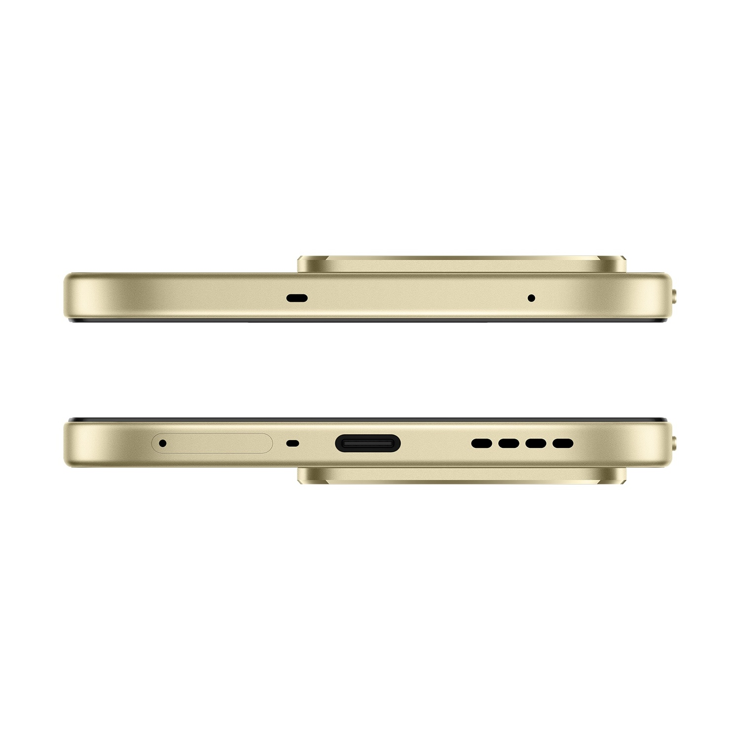 Bordi dorati dello smartphone che mostrano porte e griglie dell'altoparlante.