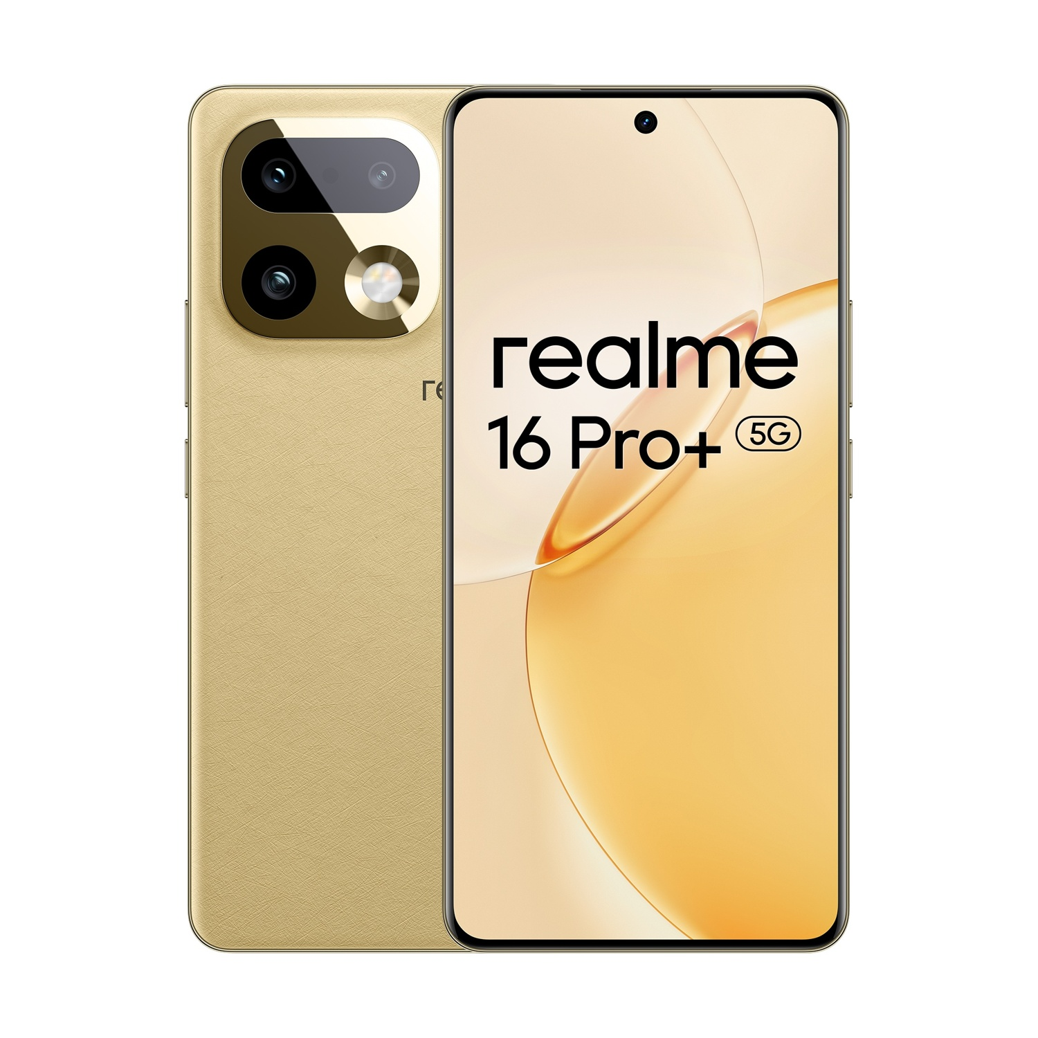 Smartphone dorato con tripla fotocamera e testo "realme 16 Pro+ 5G".