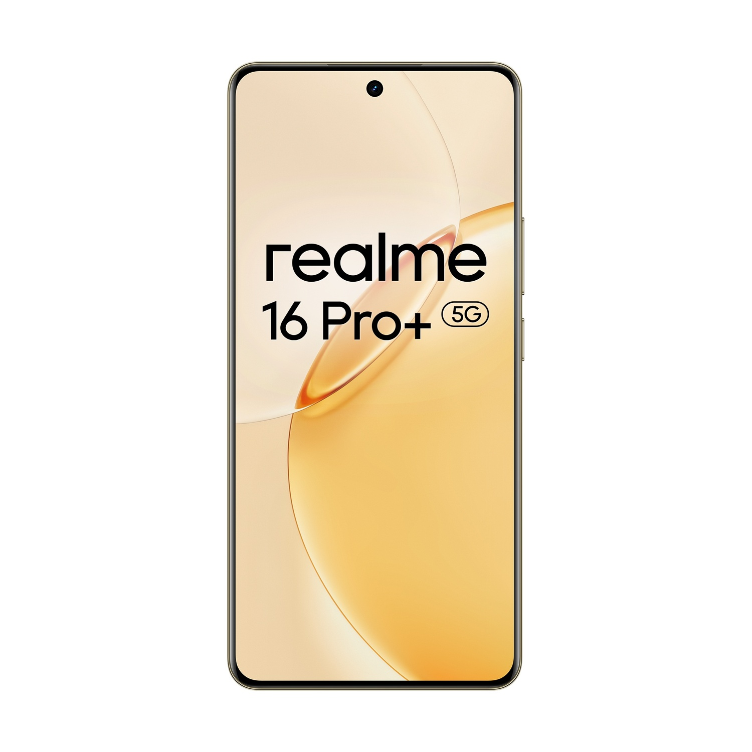 Uno smartphone Realme 16 Pro+ 5G su sfondo dorato.