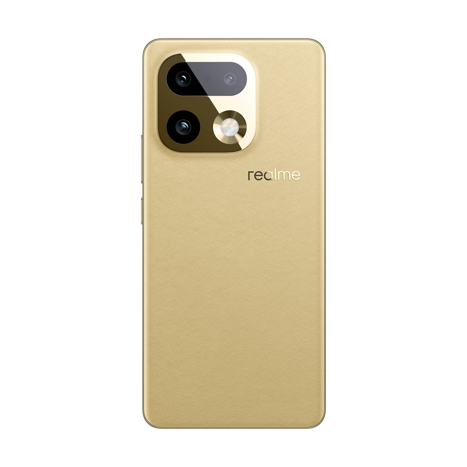 Retro di smartphone dorato con logo Realme e array fotocamera.