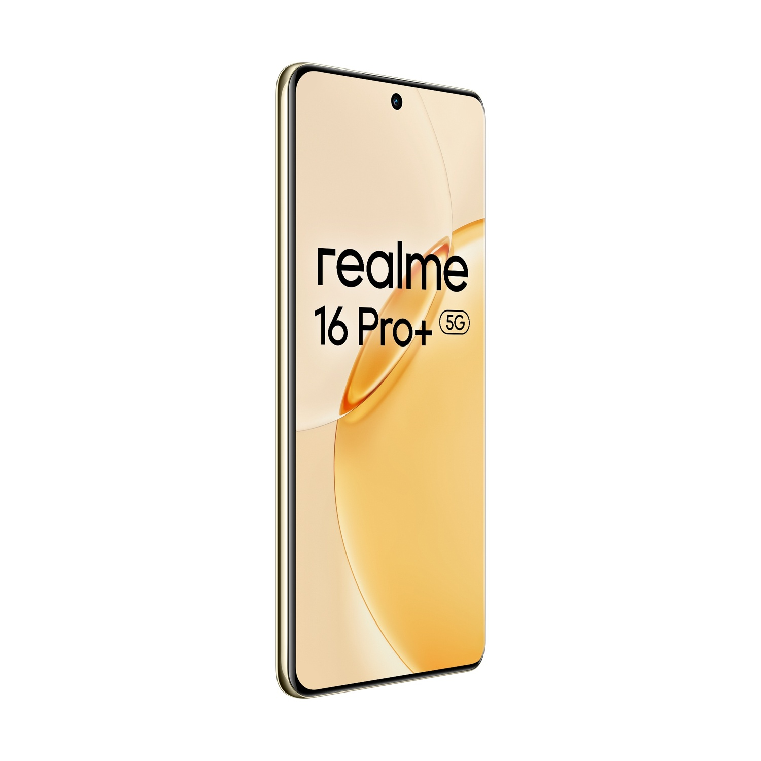Uno smartphone Realme 16 Pro+ 5G dorato su sfondo bianco.