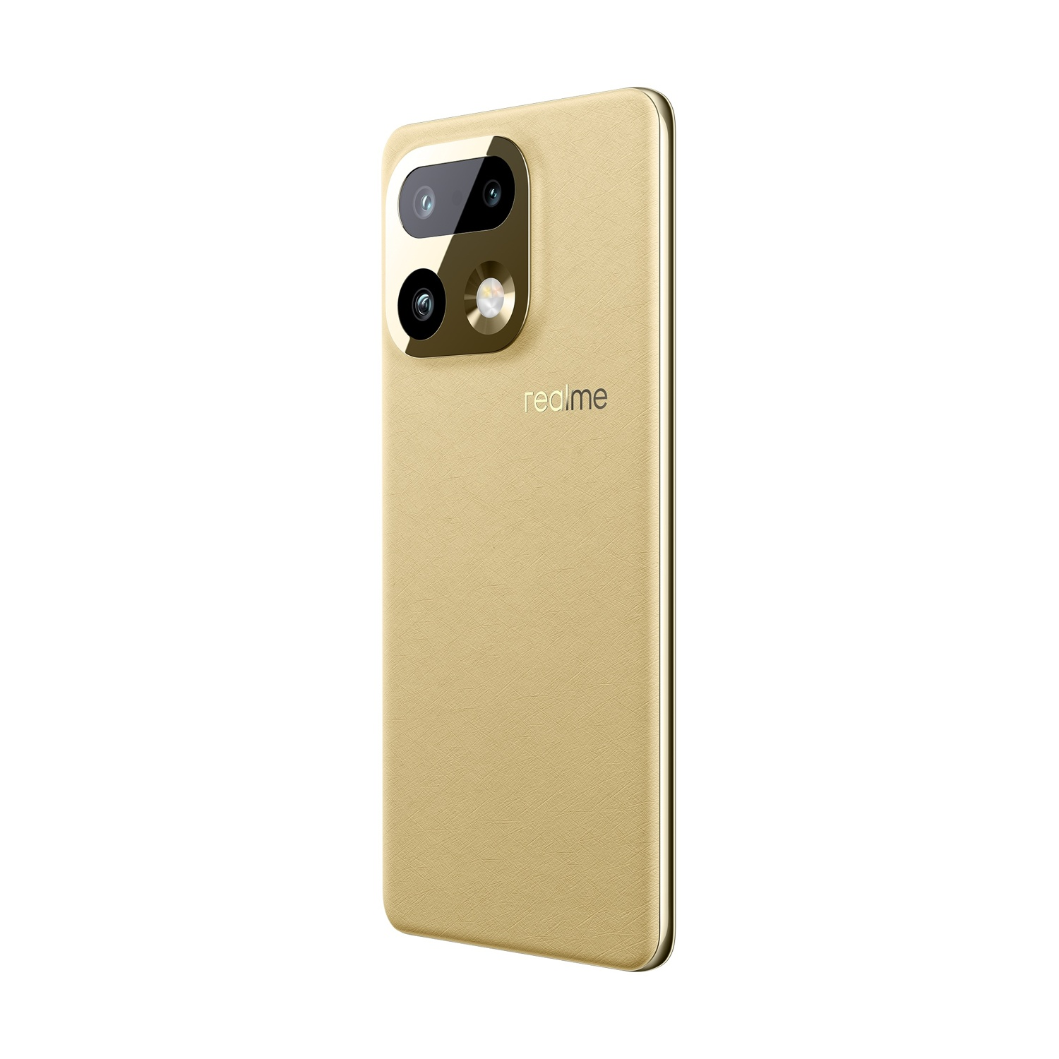 Smartphone dorato con tre fotocamere e logo Realme su sfondo bianco.