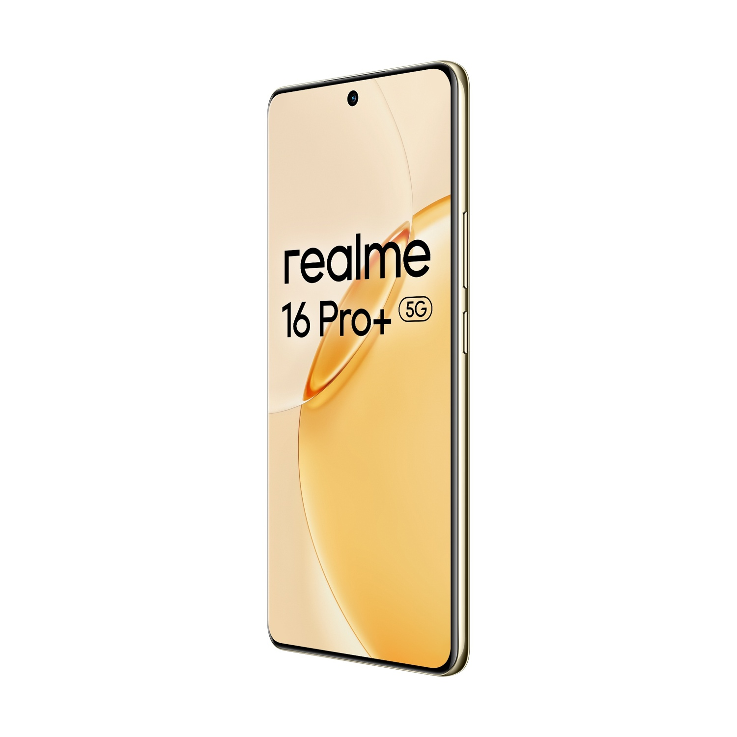 Uno smartphone Realme 16 Pro+ 5G dorato con schermo nero.