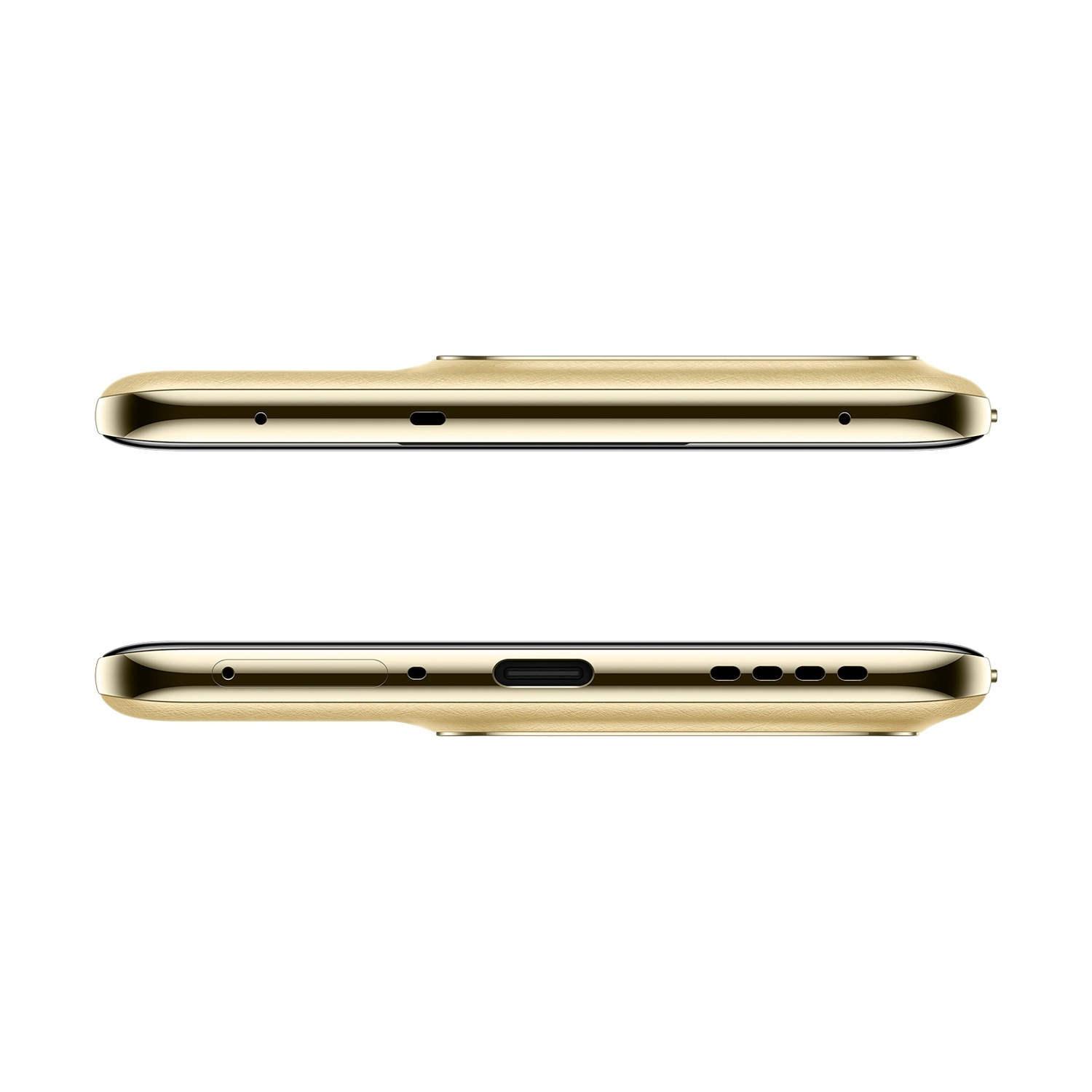Viste dall'alto e dal basso di uno smartphone dorato con porte e griglie.