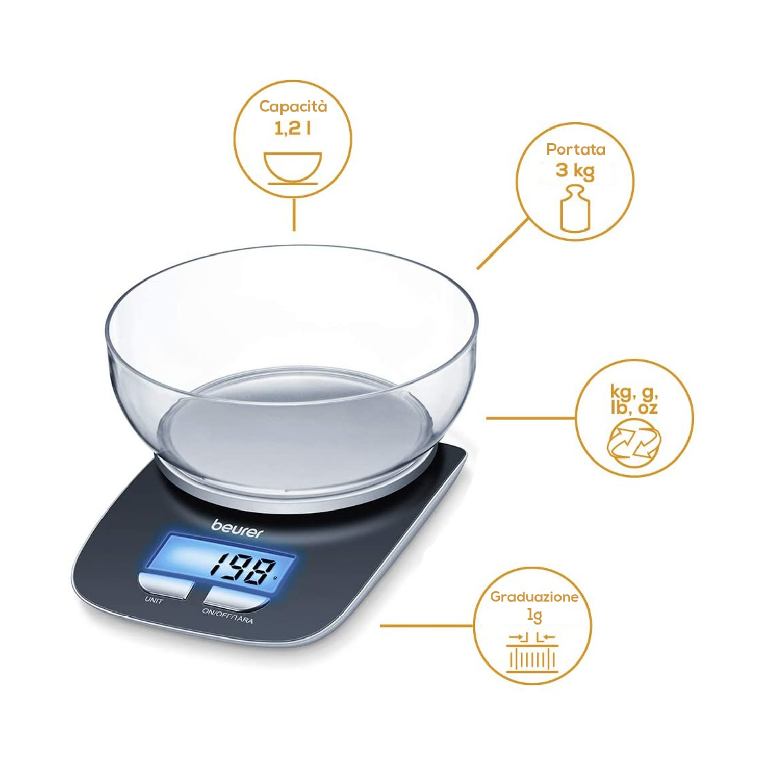 Bilancia da cucina digitale con ciotola in vetro. Max 3kg, 1g precisione. Display LCD.