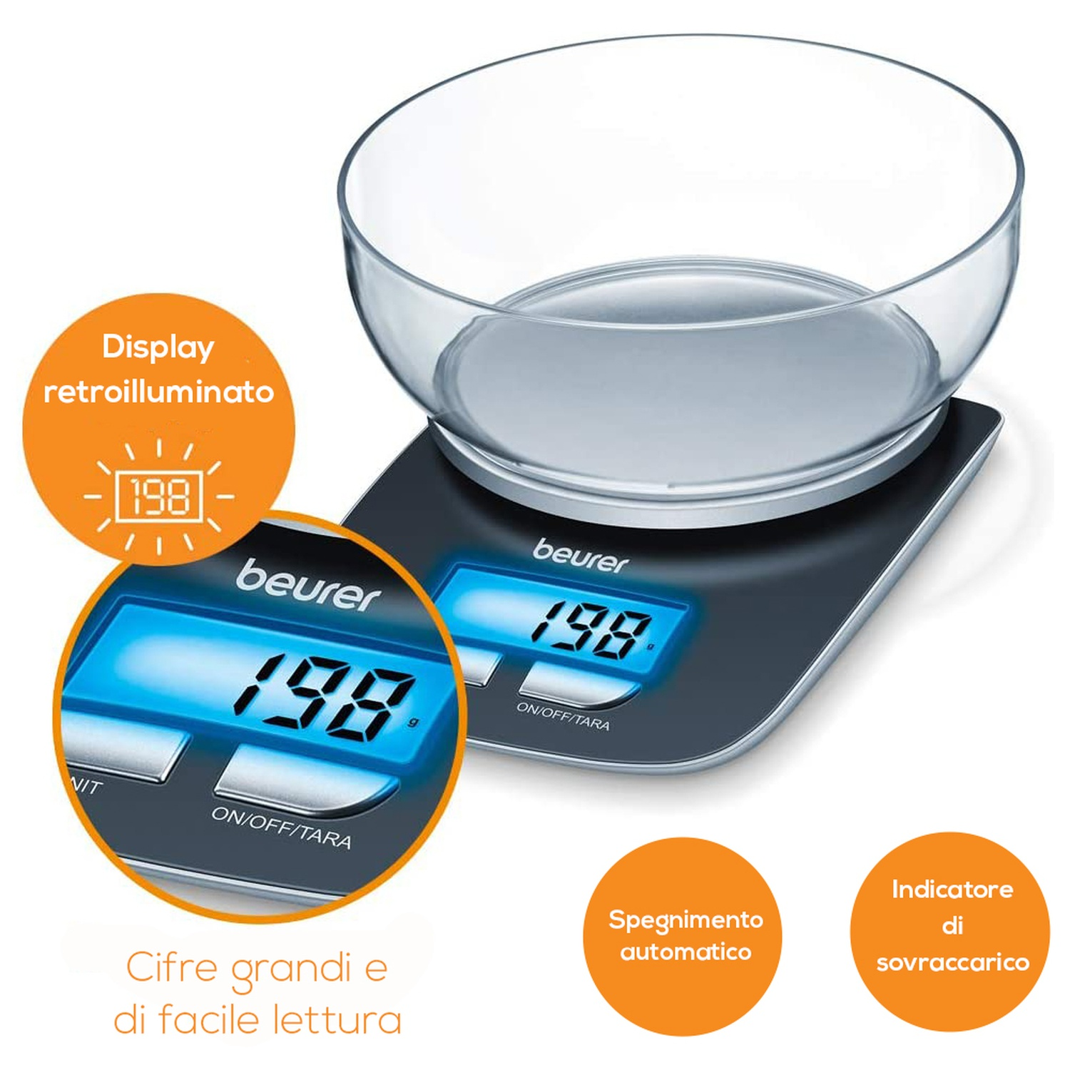 Una bilancia da cucina digitale con una ciotola di vetro. Il display mostra 198g.