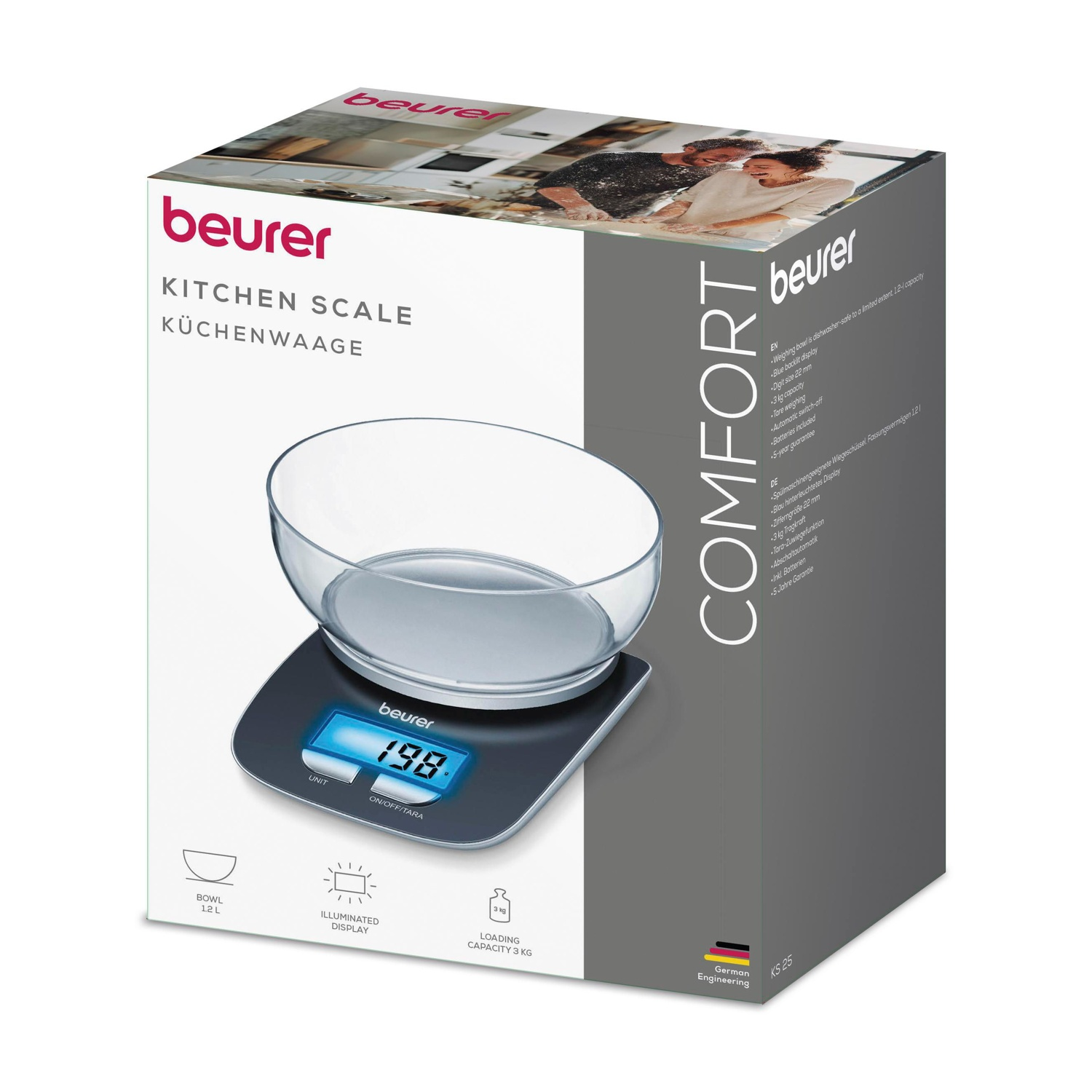 Bilancia da cucina digitale con ciotola, display illuminato e capacità 3 kg.