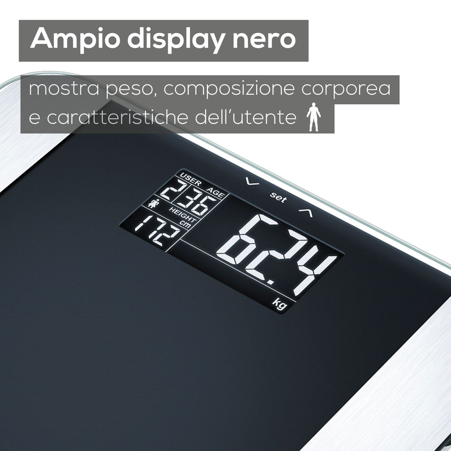 Display nero bilancia mostra peso 62,4 kg, età 23, altezza 172 cm.