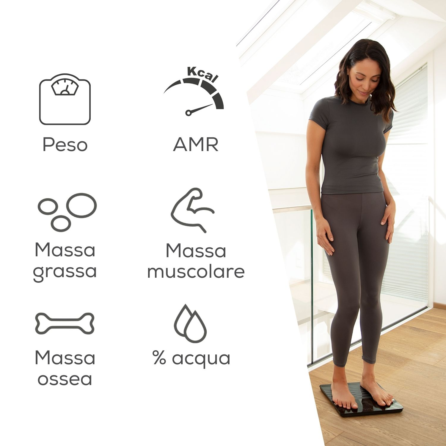 Donna su bilancia, con icone peso, grasso, osso, AMR, muscolo, acqua.