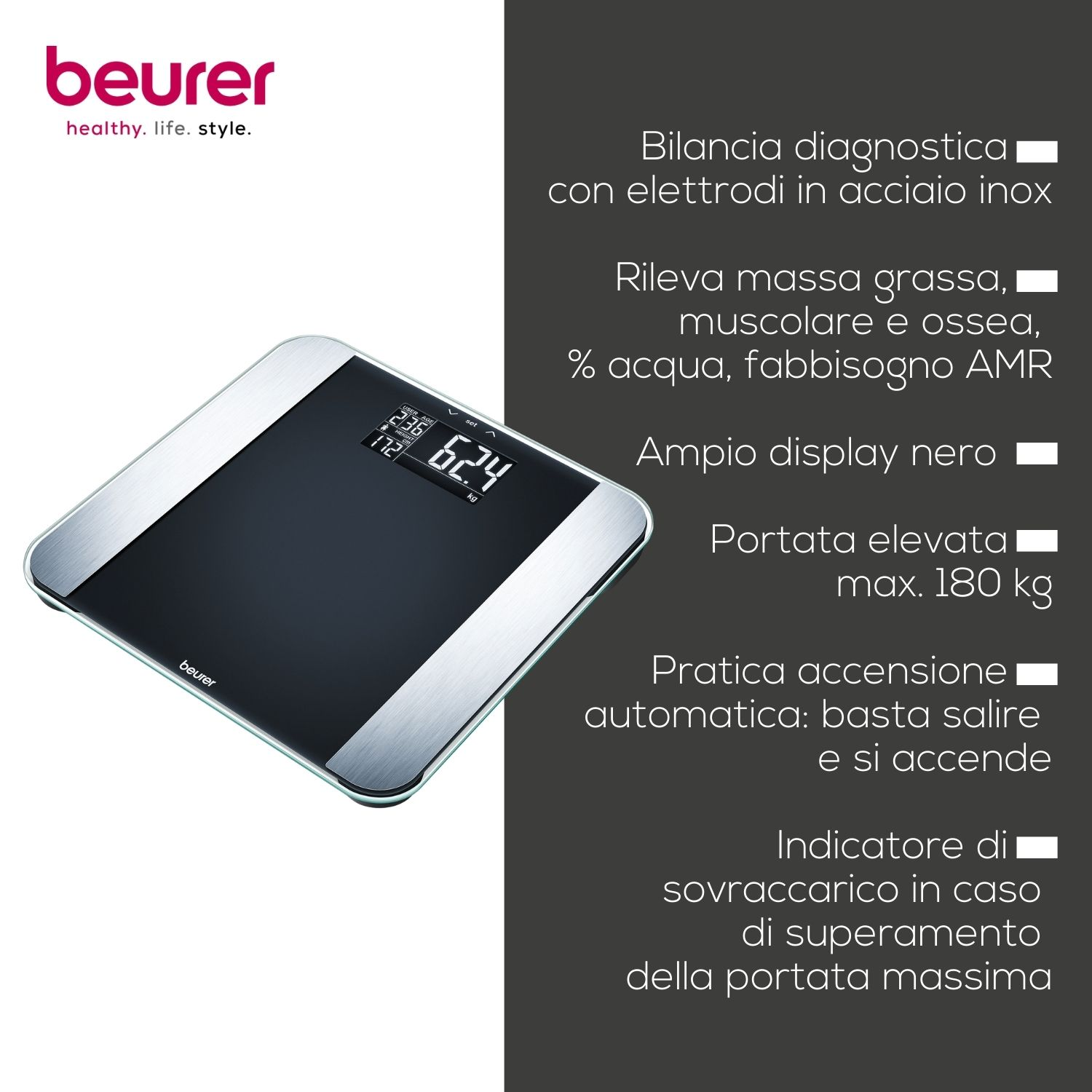 Bilancia digitale Beurer nera con accenti in acciaio e display chiaro che mostra 62,4 kg.