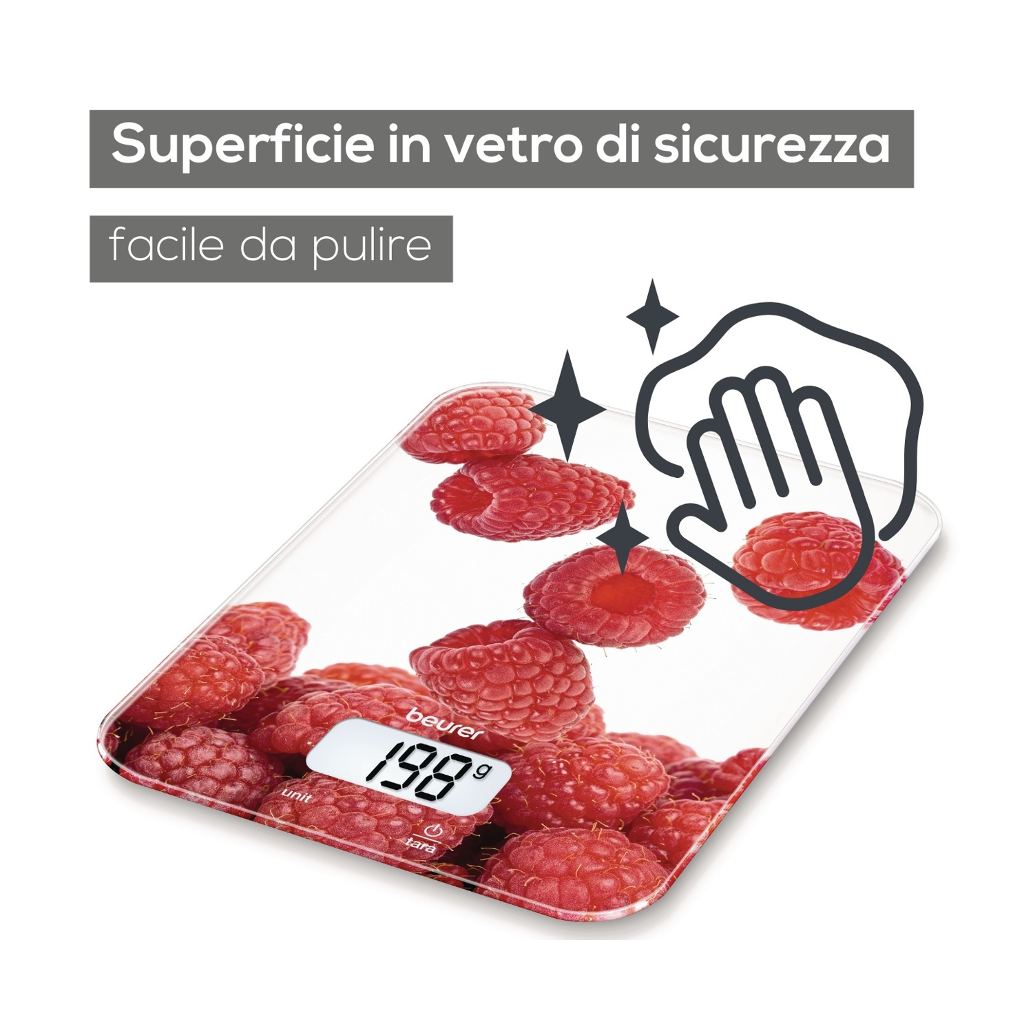 Bilancia da cucina con motivo di bacche mostra 198g. Superficie in vetro con icona mano.