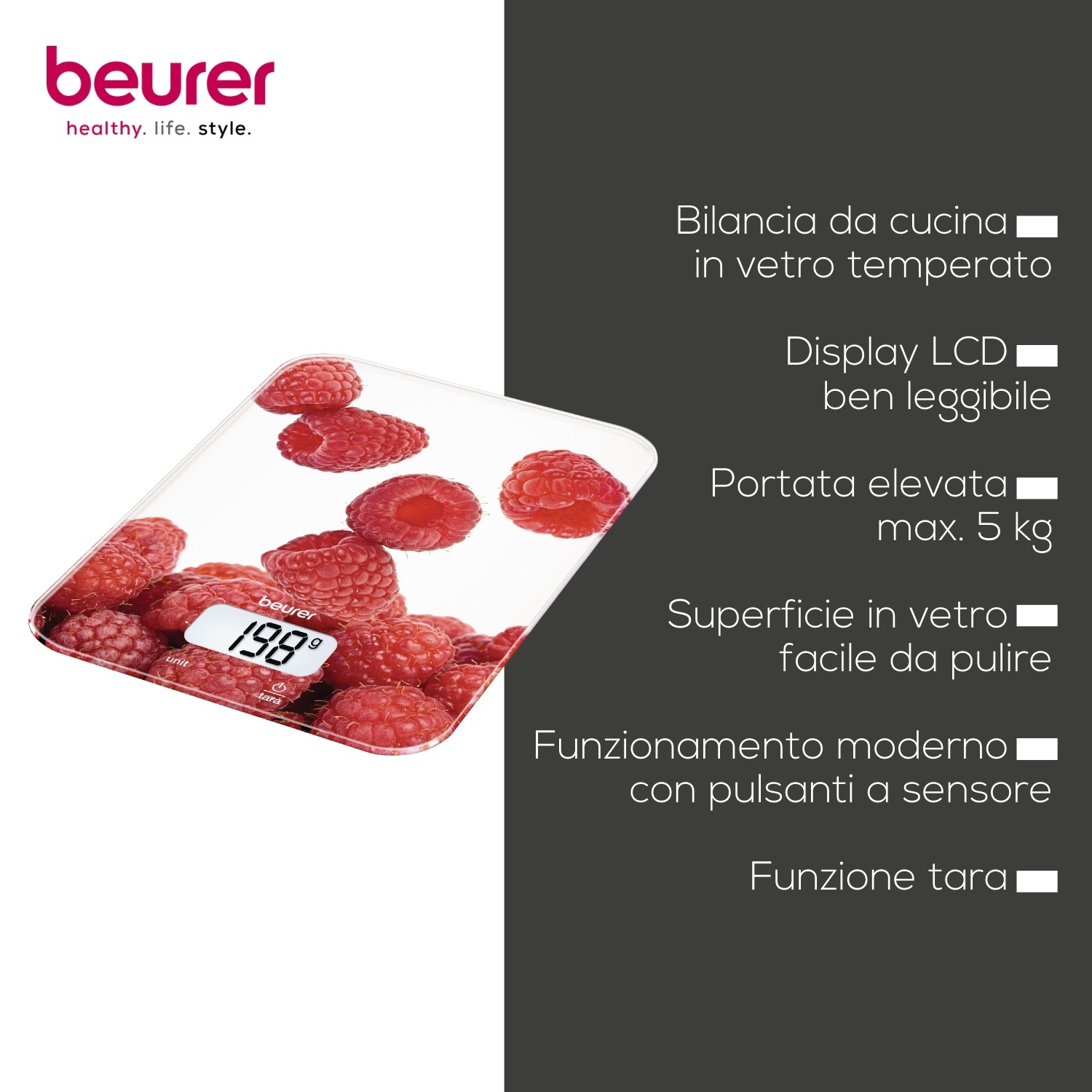 Bilancia da cucina in vetro con lamponi e display LCD.