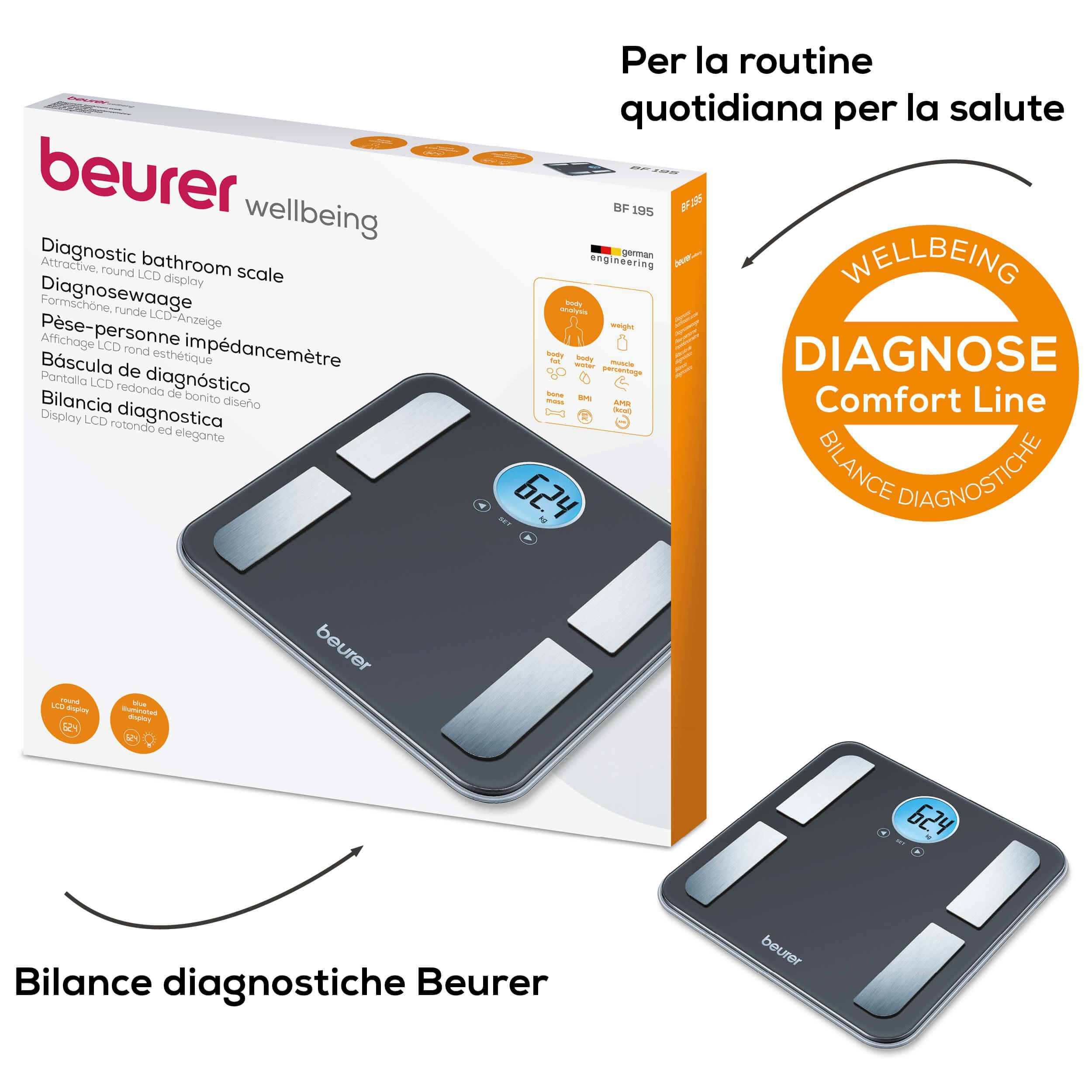 Una bilancia diagnostica digitale Beurer con display illuminato blu che mostra 62,4 kg.