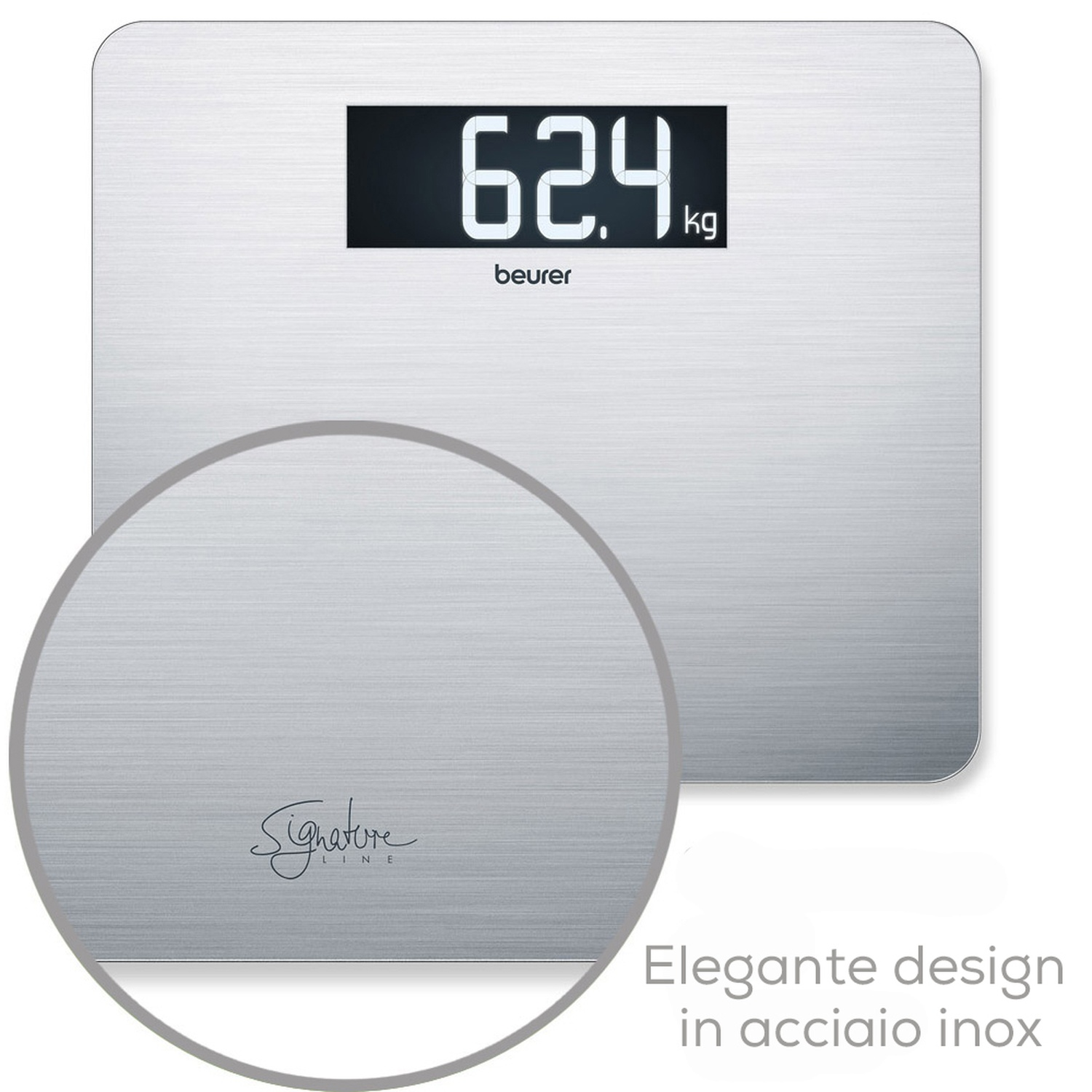 Bilancia digitale argentata che mostra 62,4 kg con finitura metallo spazzolato.