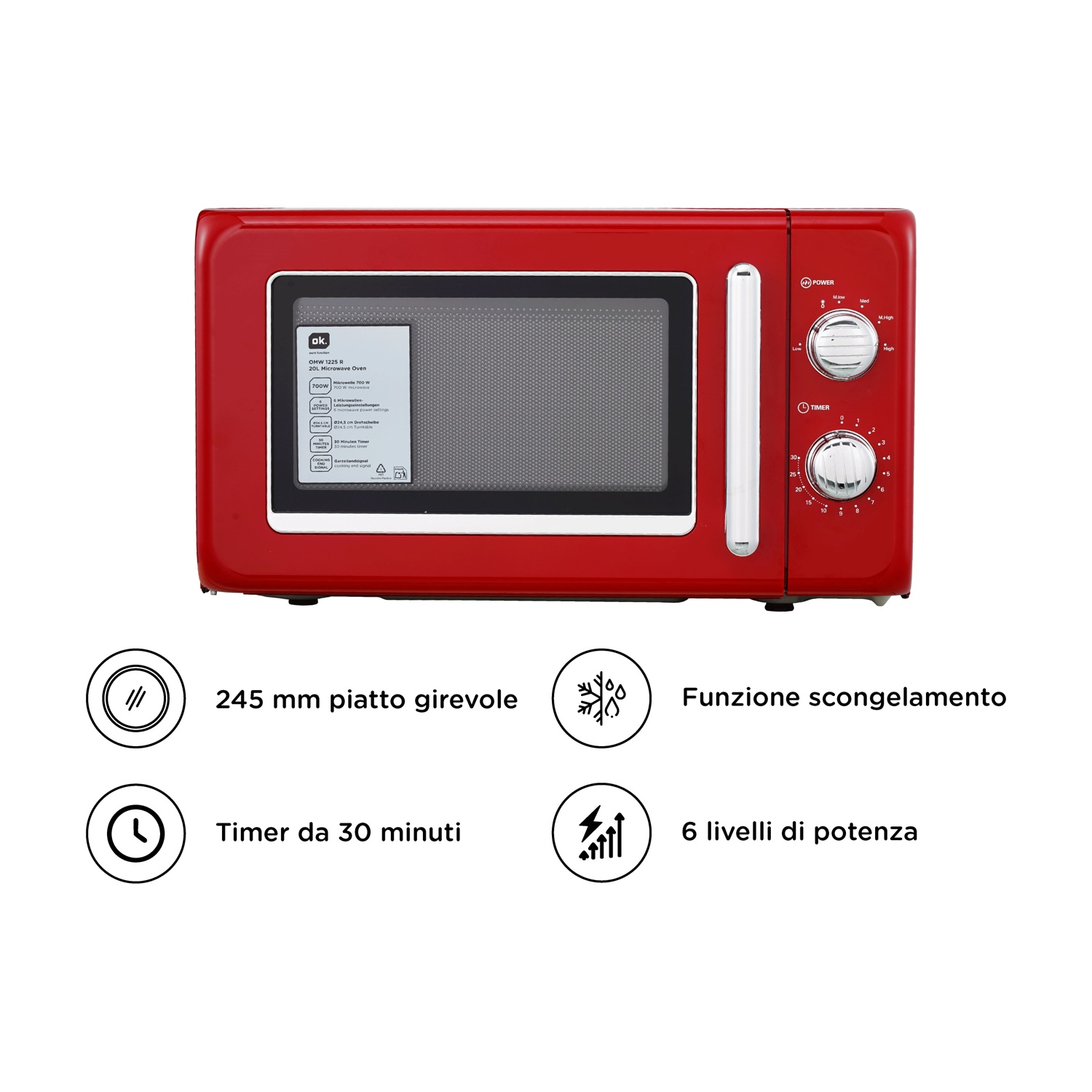 Forno a microonde rosso con manopole per potenza e timer, e icone per funzioni.