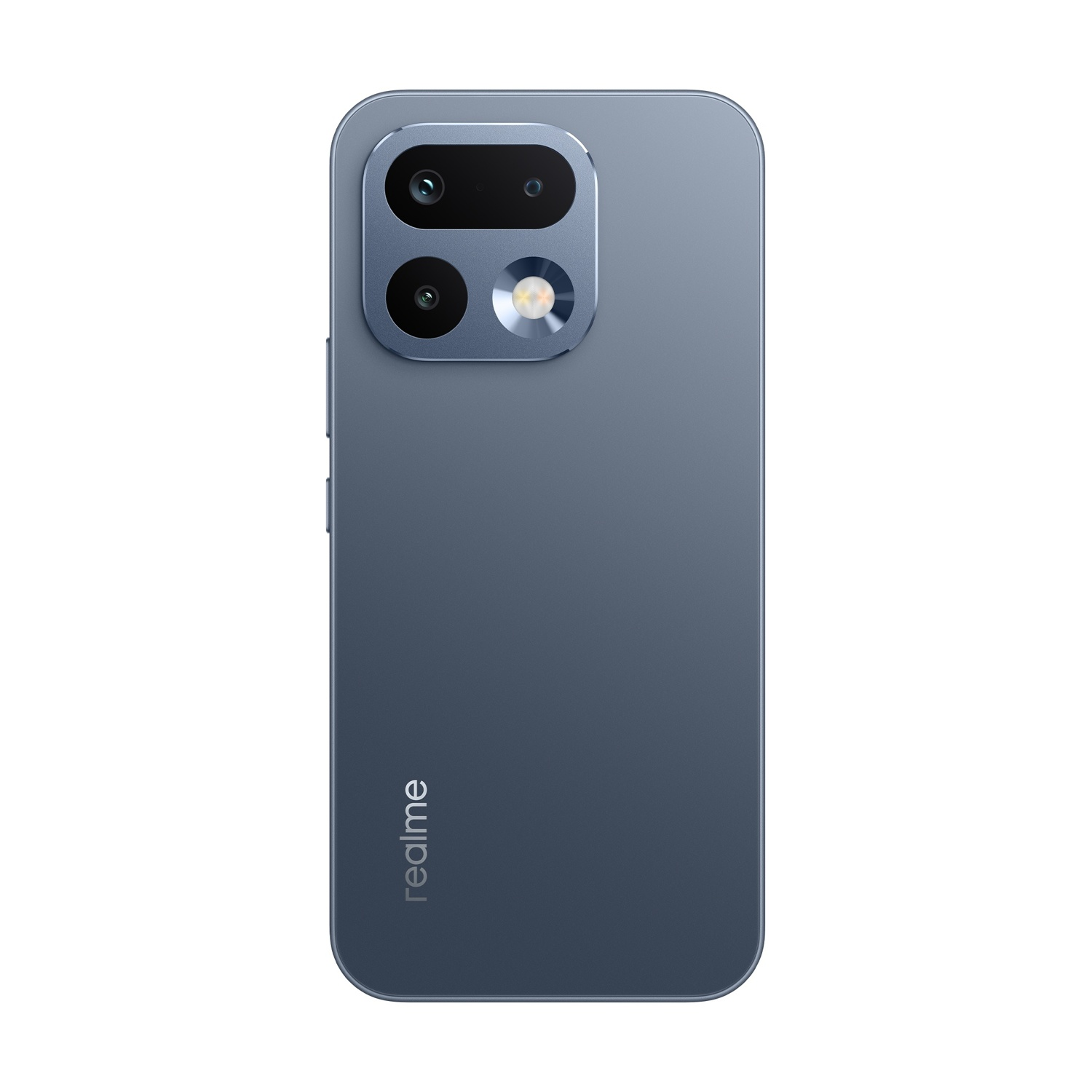 Retro di uno smartphone blu con tre fotocamere e flash.