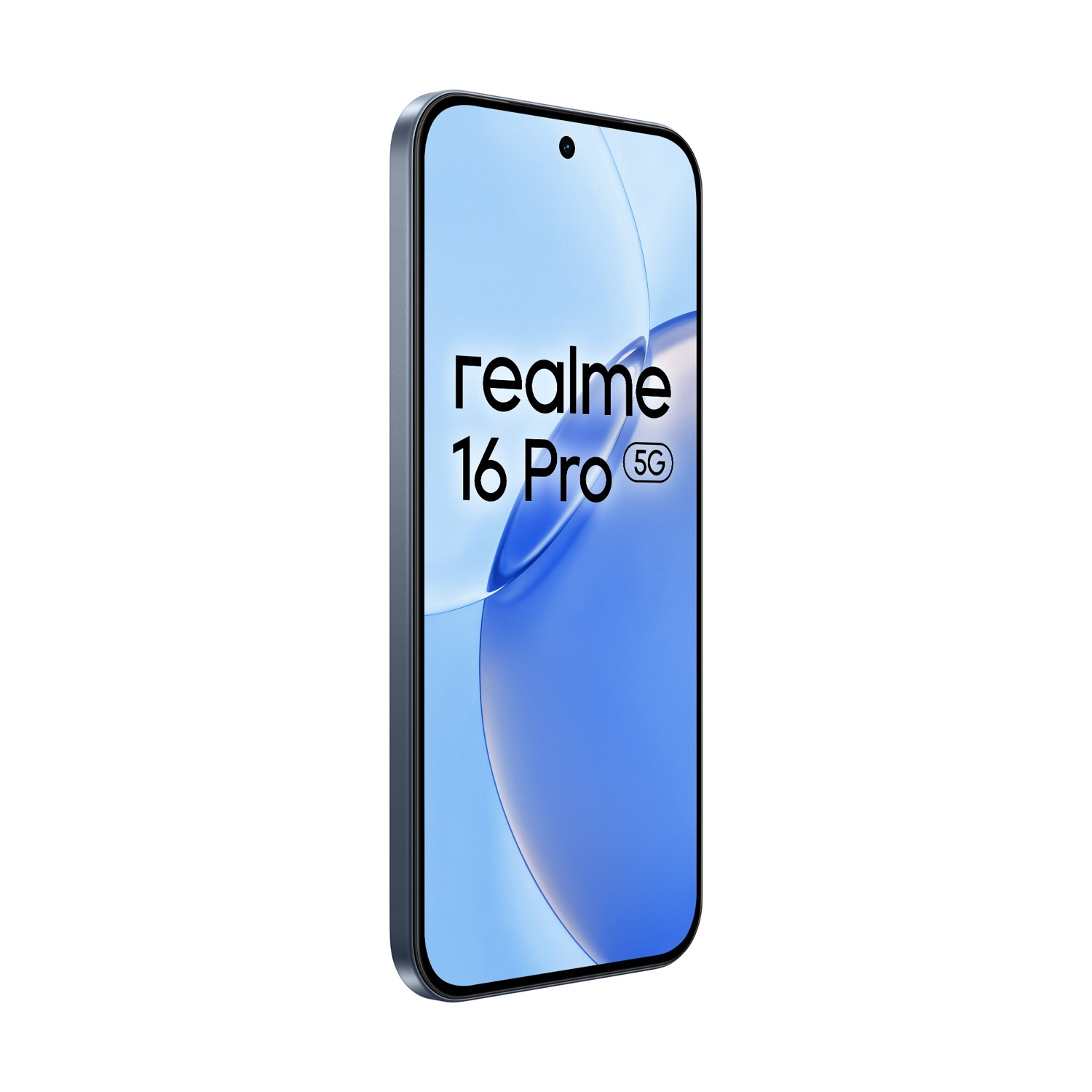Uno smartphone Realme 16 Pro 5G con uno sfondo blu sullo schermo.