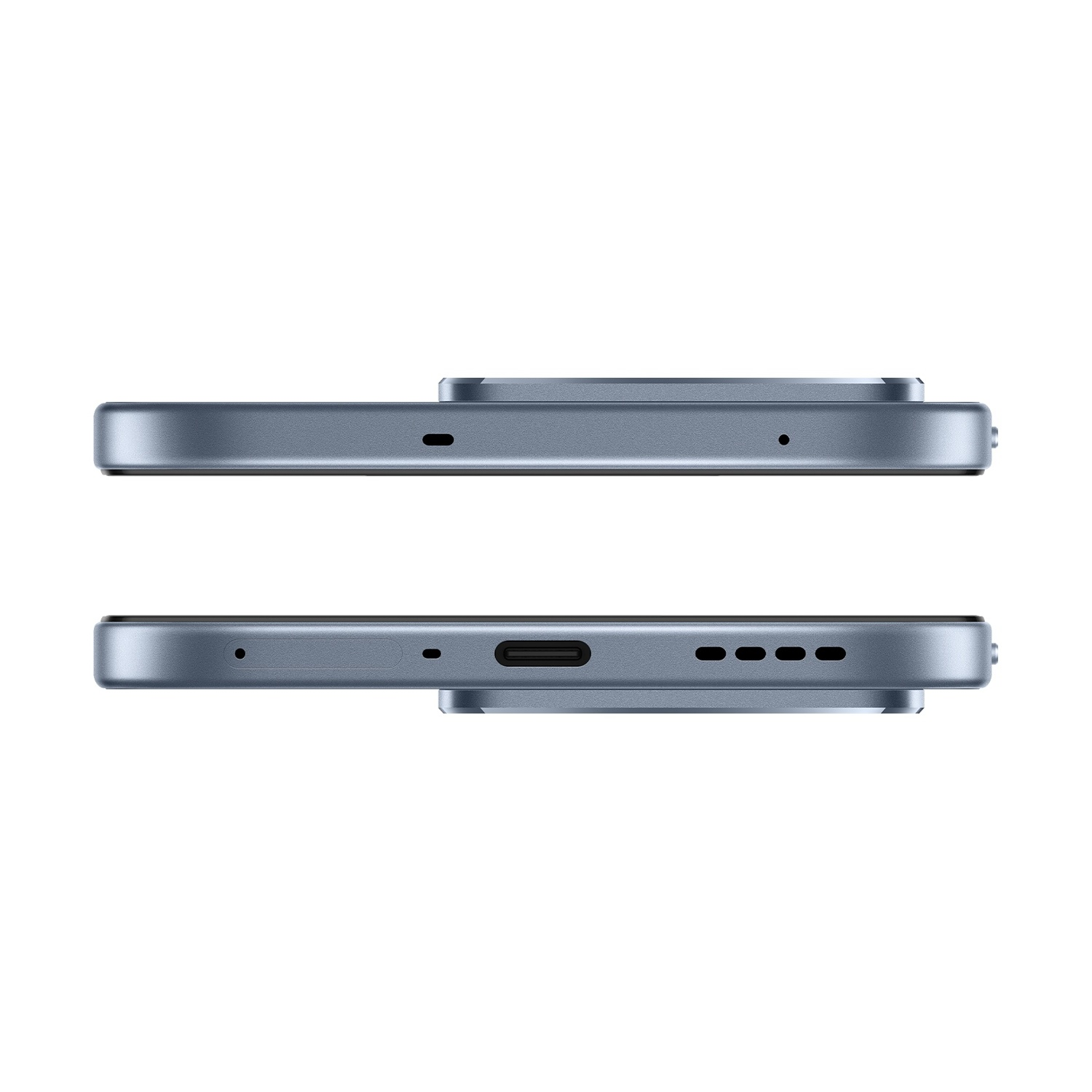 Primo piano dei bordi inferiore e superiore di uno smartphone grigio, con porte.