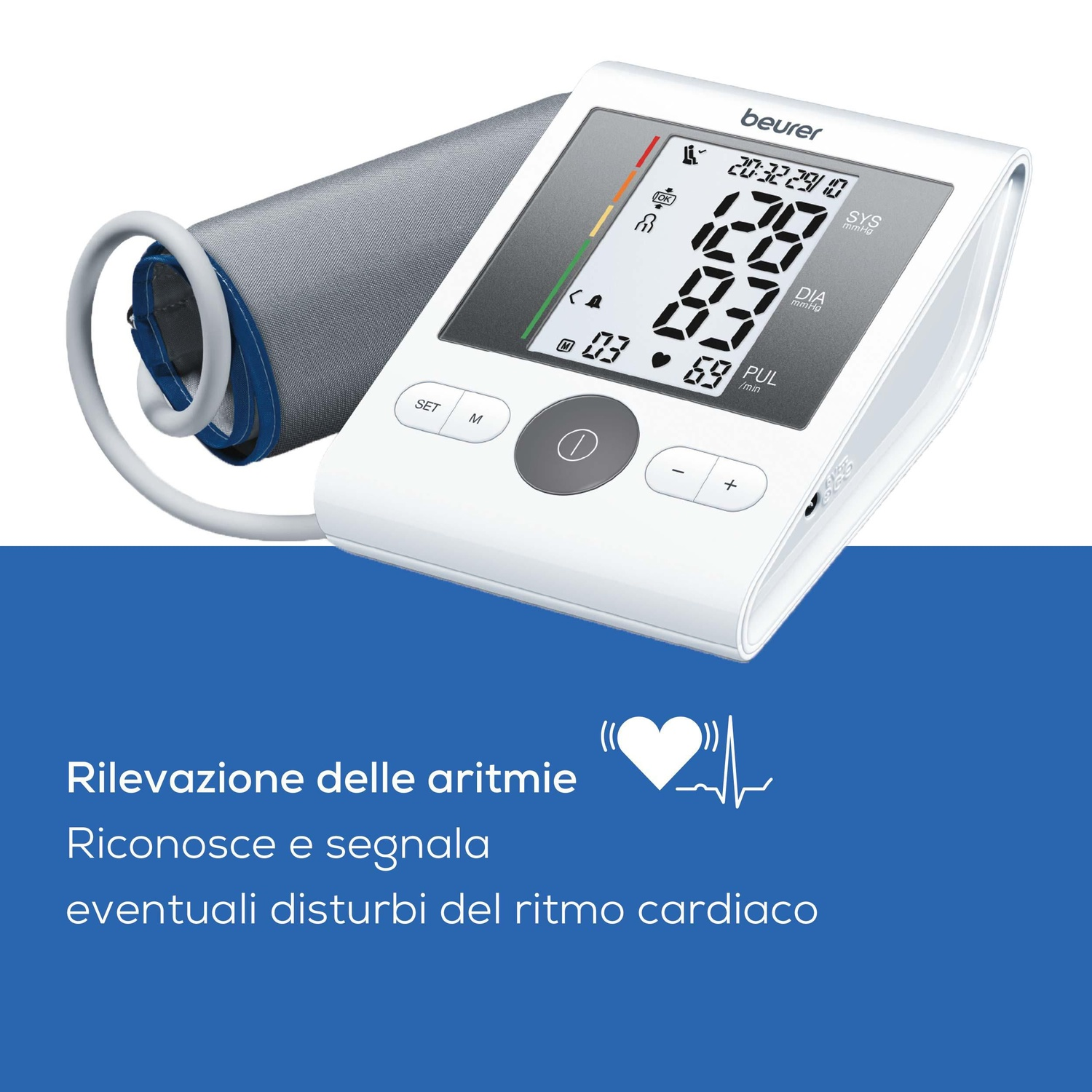 Un misuratore di pressione da braccio Beurer bianco con bracciale e display digitale. Icona cuore.