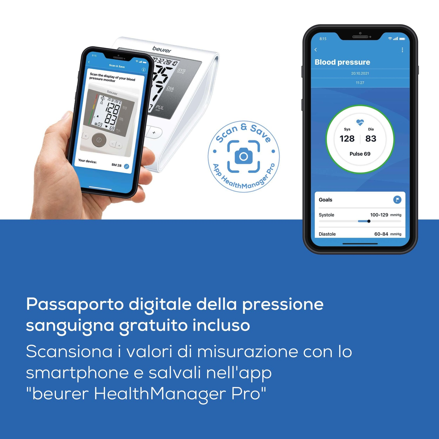 Una mano tiene un telefono che scansiona un misuratore di pressione Beurer. L'app mostra i valori.