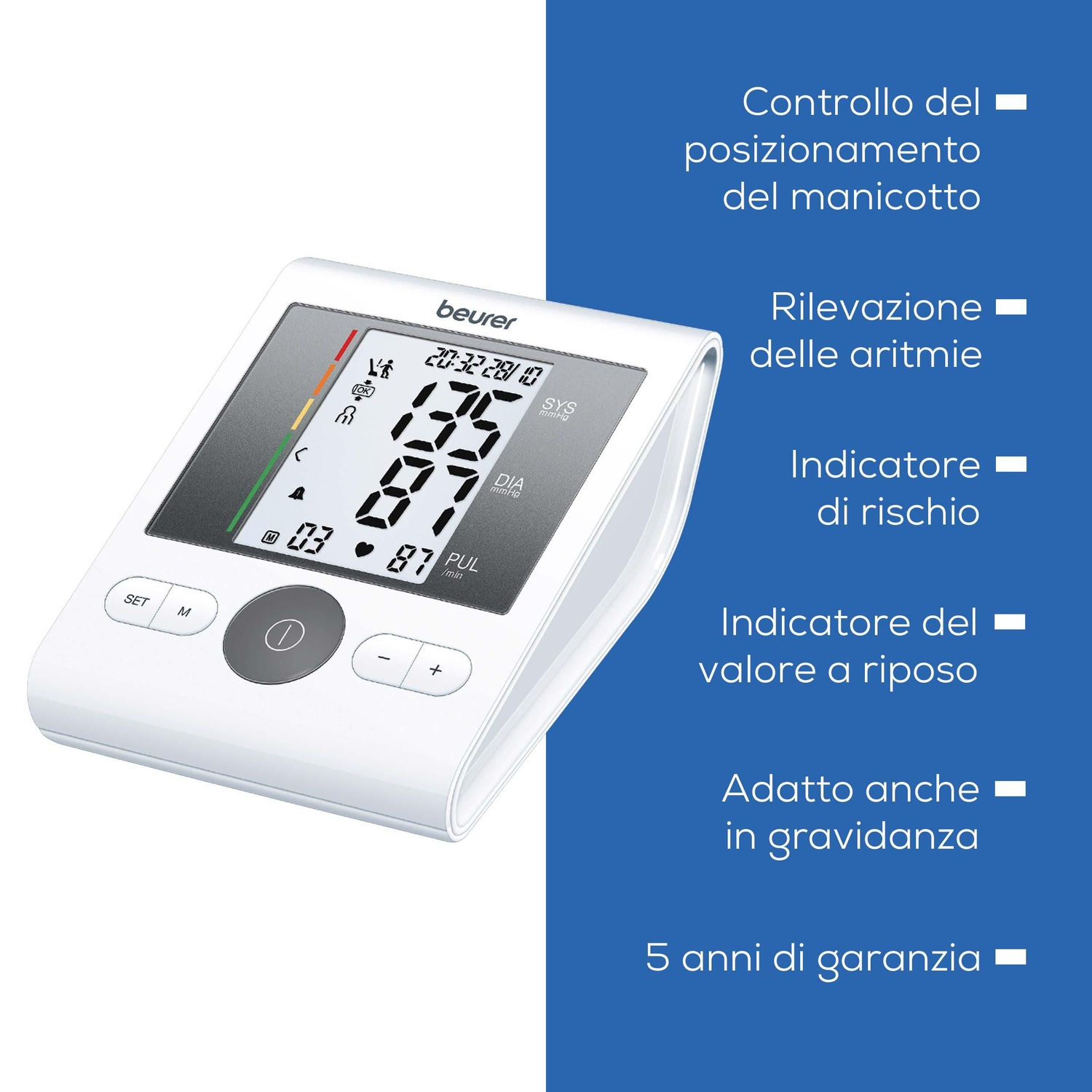 Un misuratore di pressione Beurer bianco con schermo LCD e pulsanti.