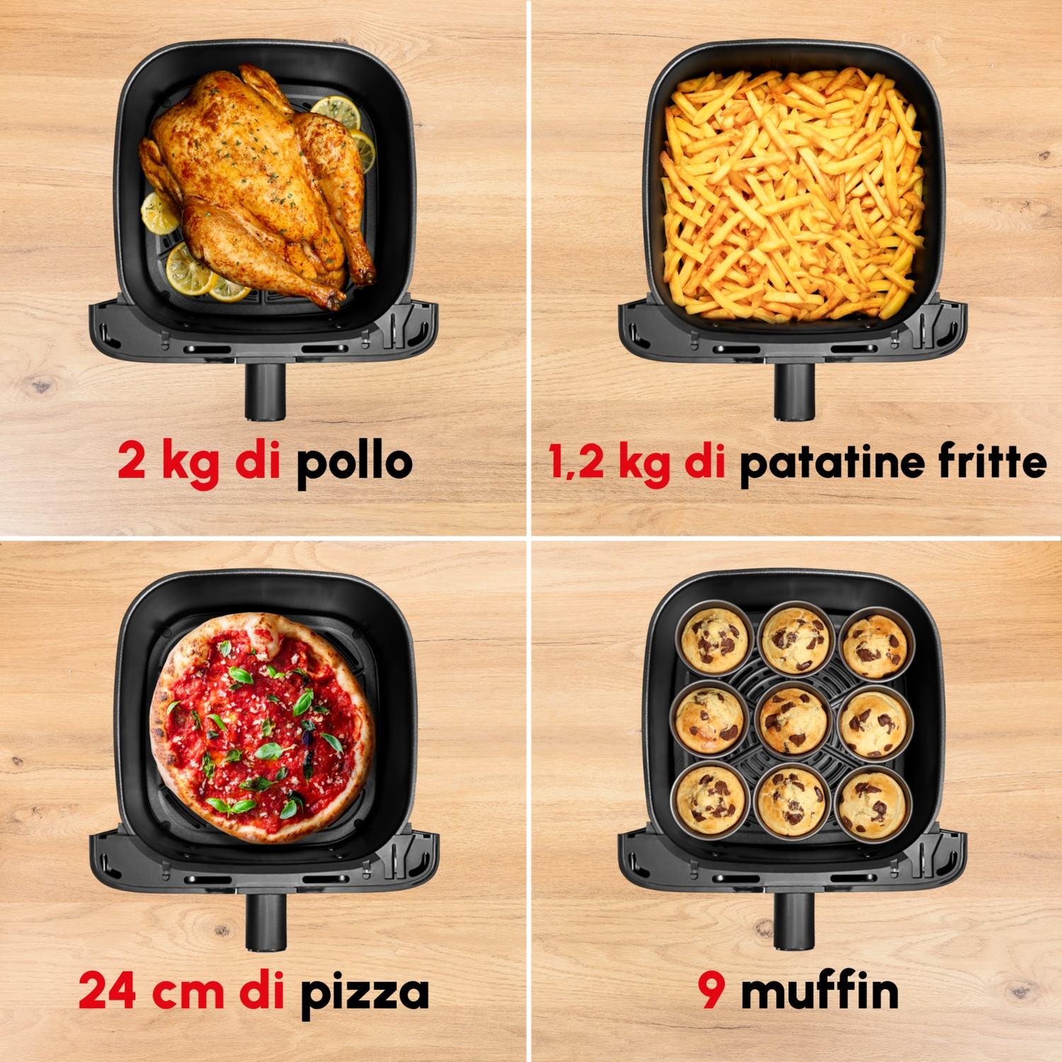 Un pollo intero, patatine fritte, pizza e muffin in una friggitrice ad aria.