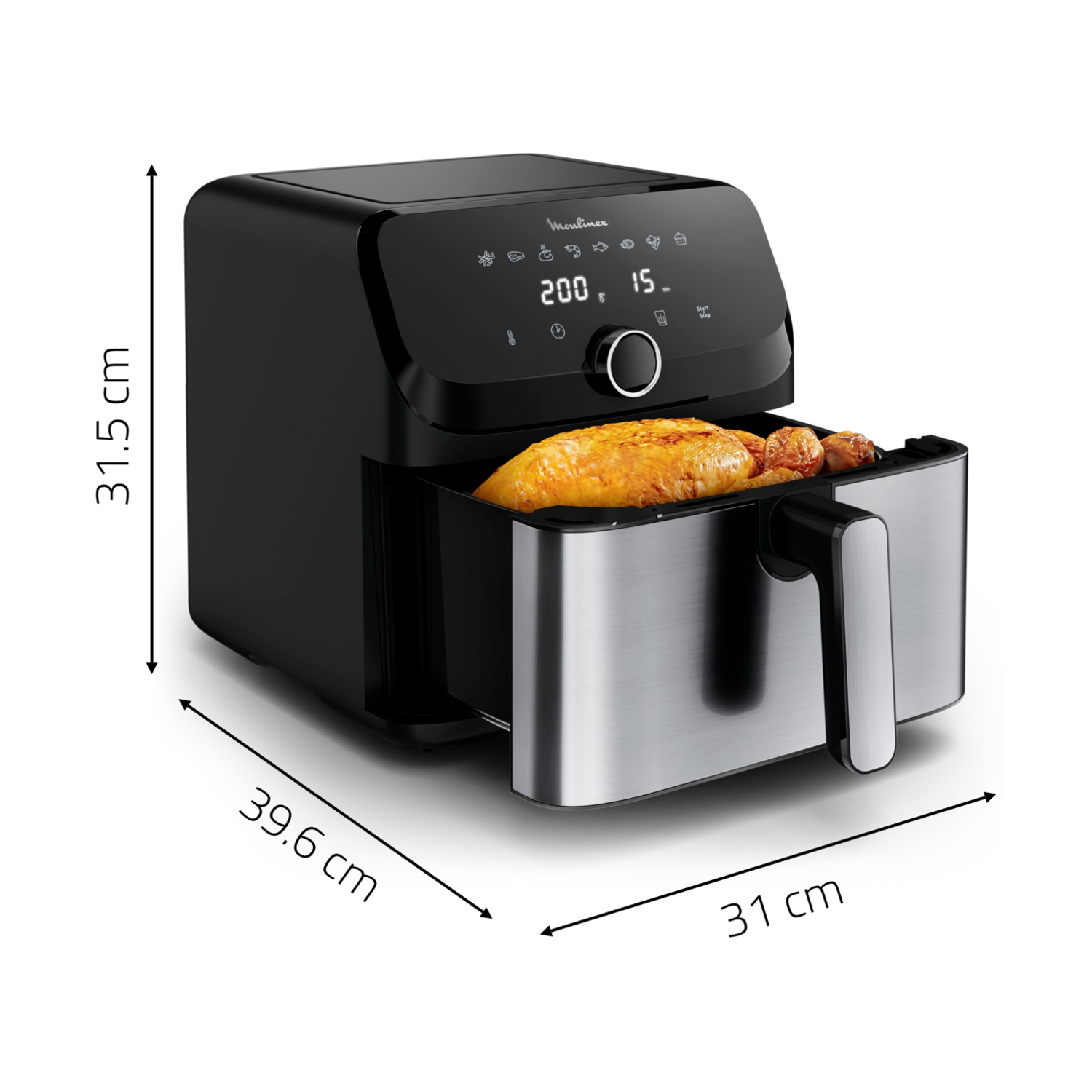Friggitrice ad aria Moulinex nera con pollo nel cestello. Dimensioni: 31,5x39,6x31cm.