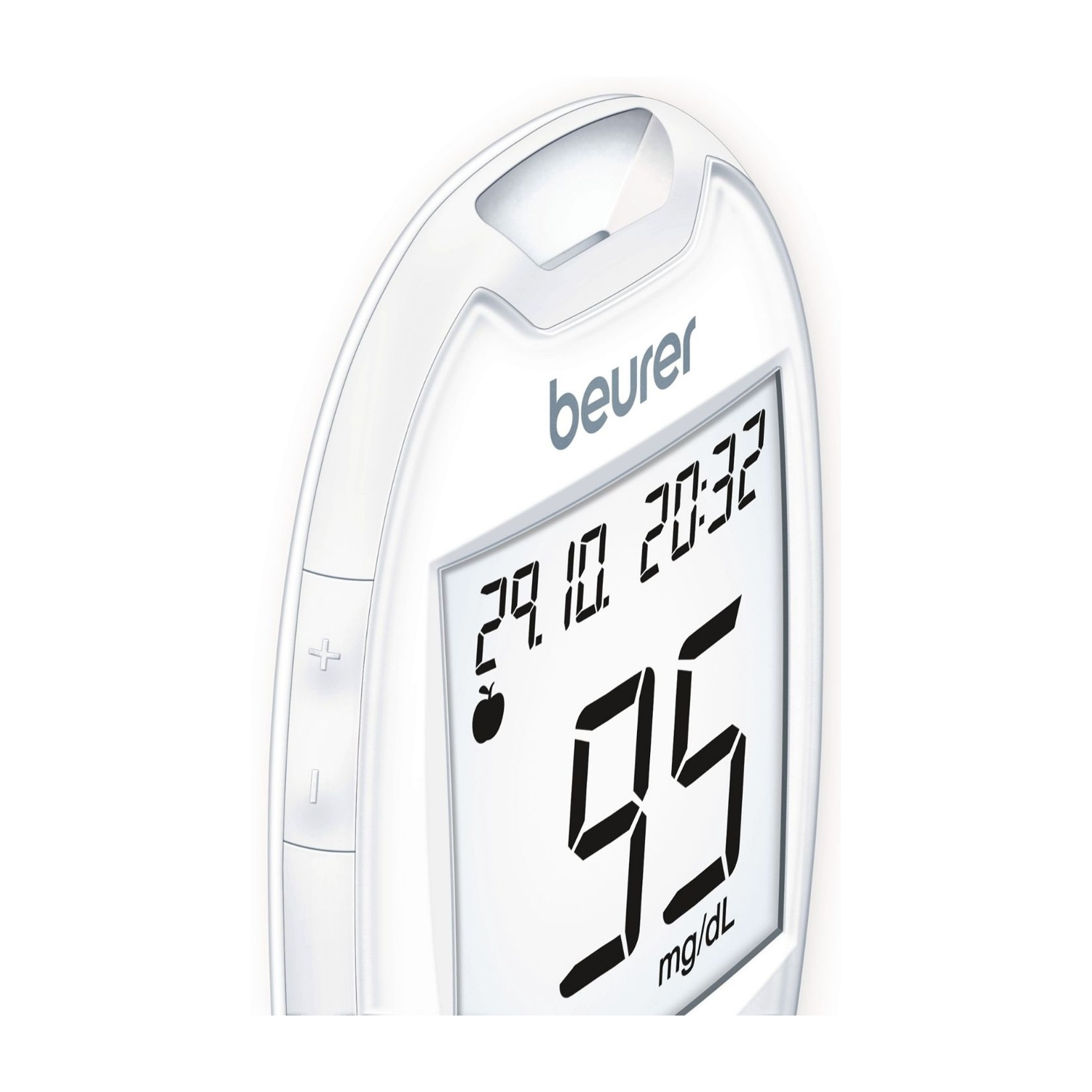 Un glucometro Beurer bianco mostra 95 mg/dL.