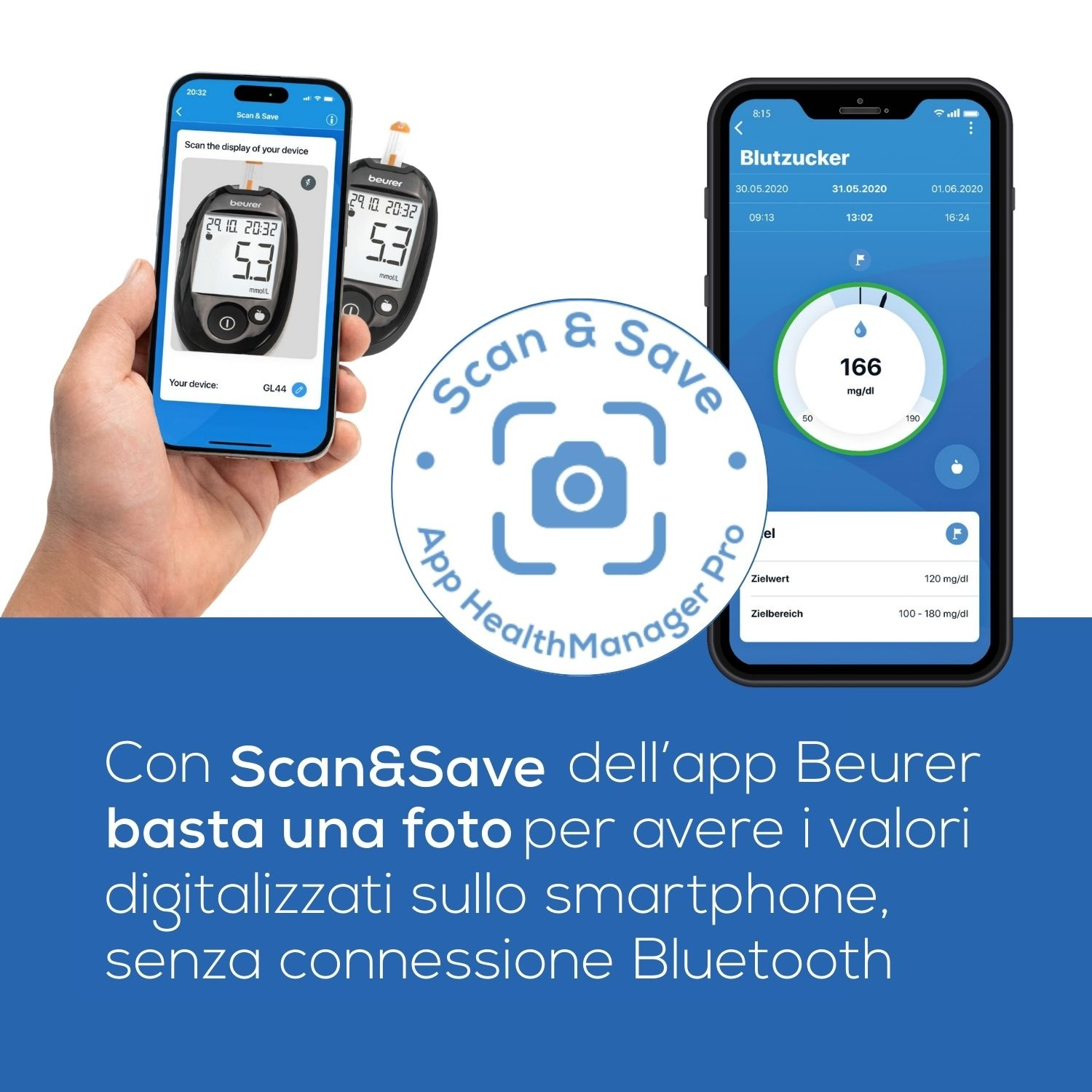Un telefono mostra un misuratore di glucosio. Un'app mostra anche le letture.