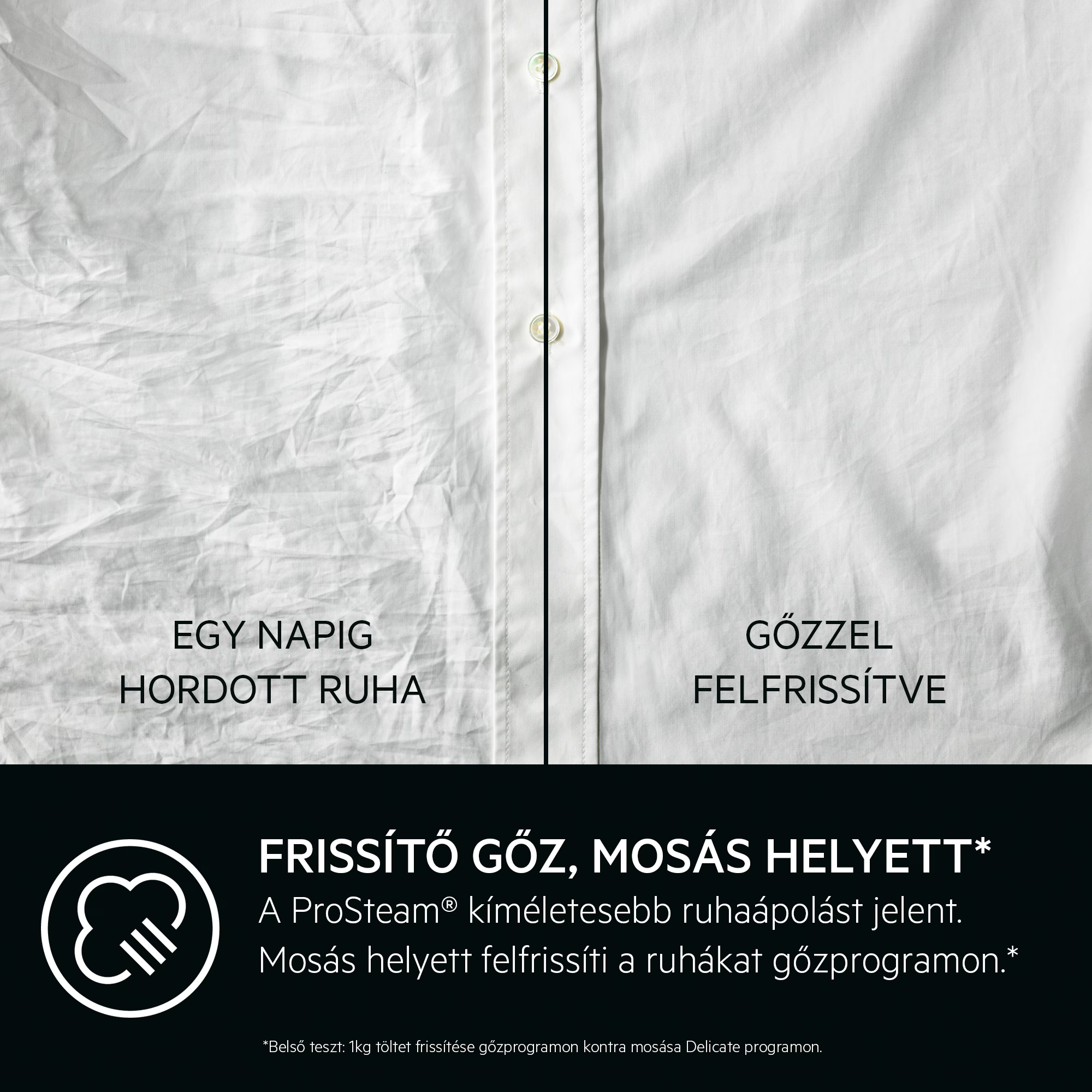 Gyűrött ruha gőzölés előtt és után. Gőzzel frissített ruhát mutat.