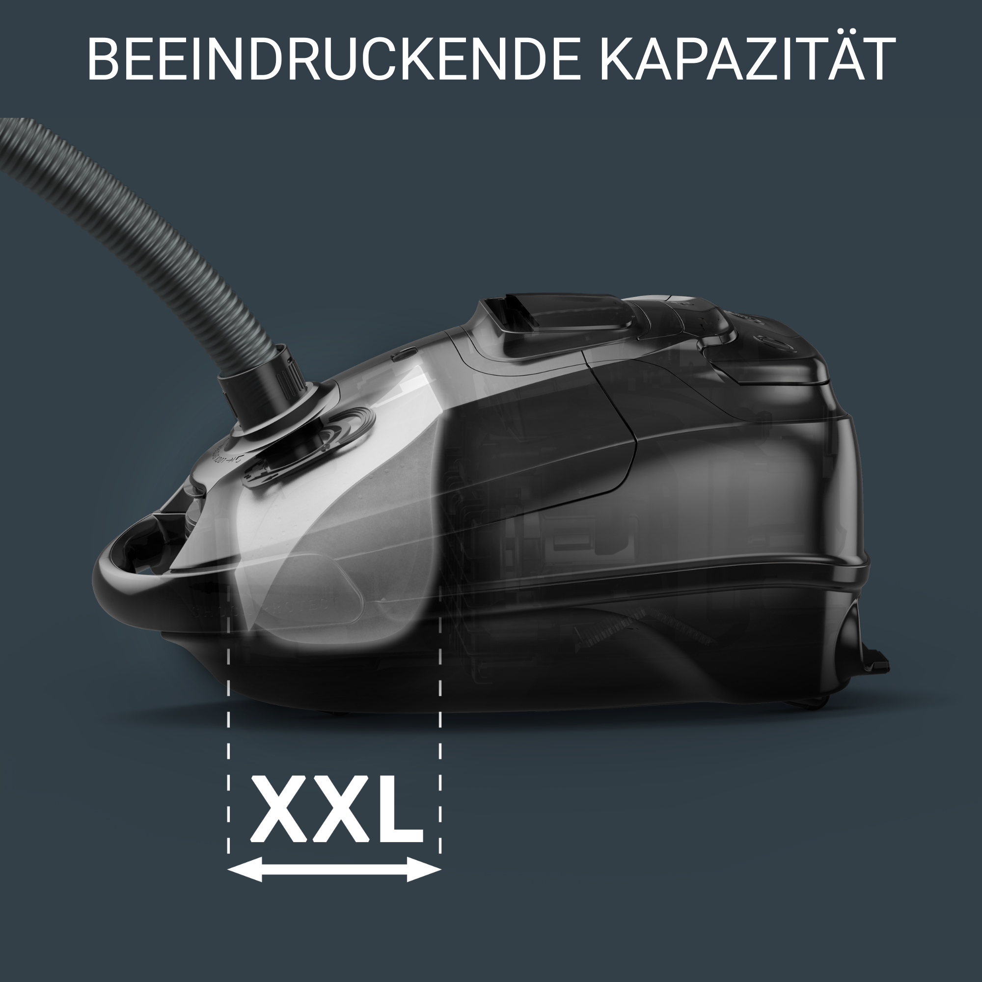 Schwarzer Staubsauger mit XXL-Kapazität und Schlauchanschluss.