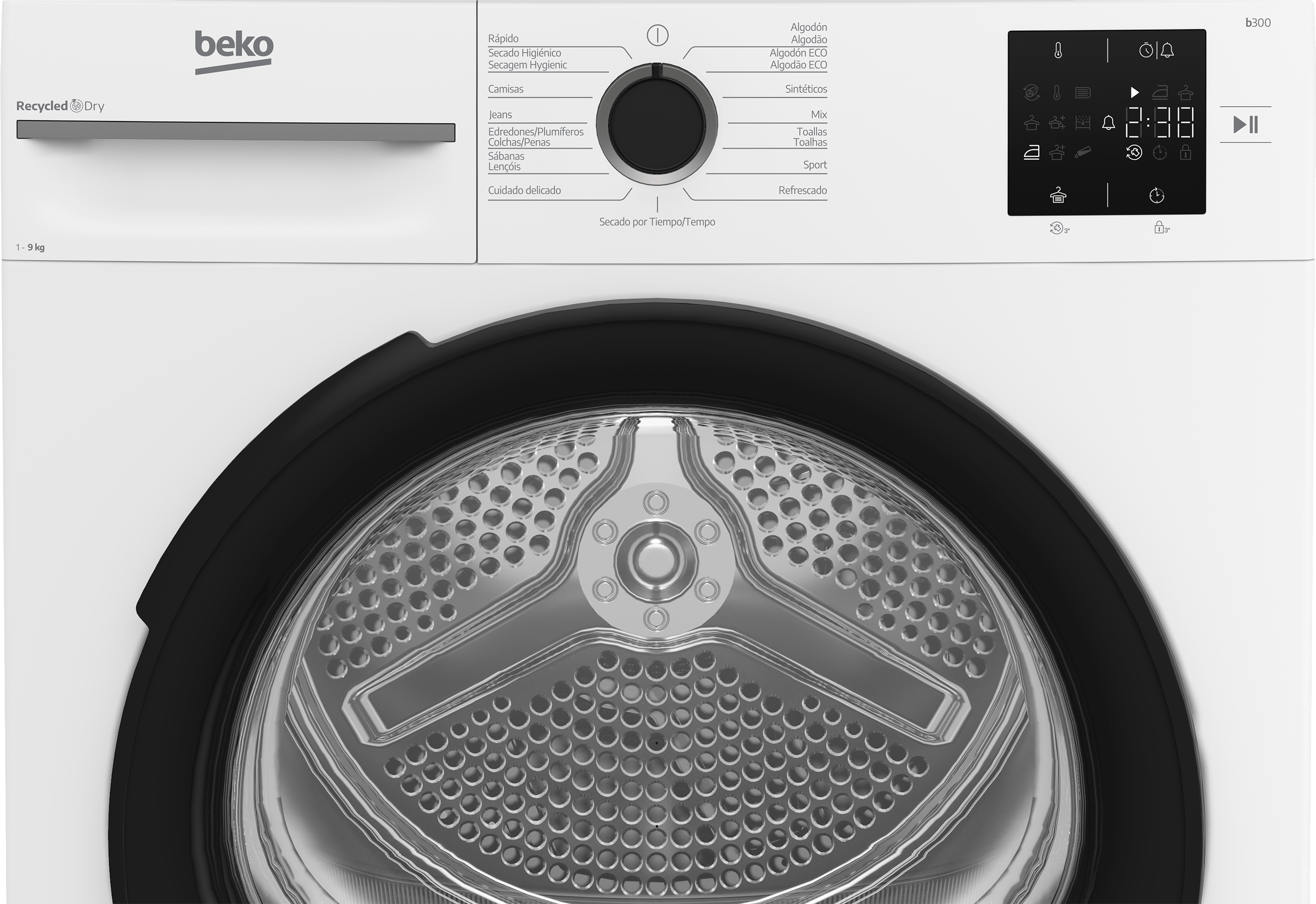 Una lavadora blanca Beko con dial y pantalla digital.