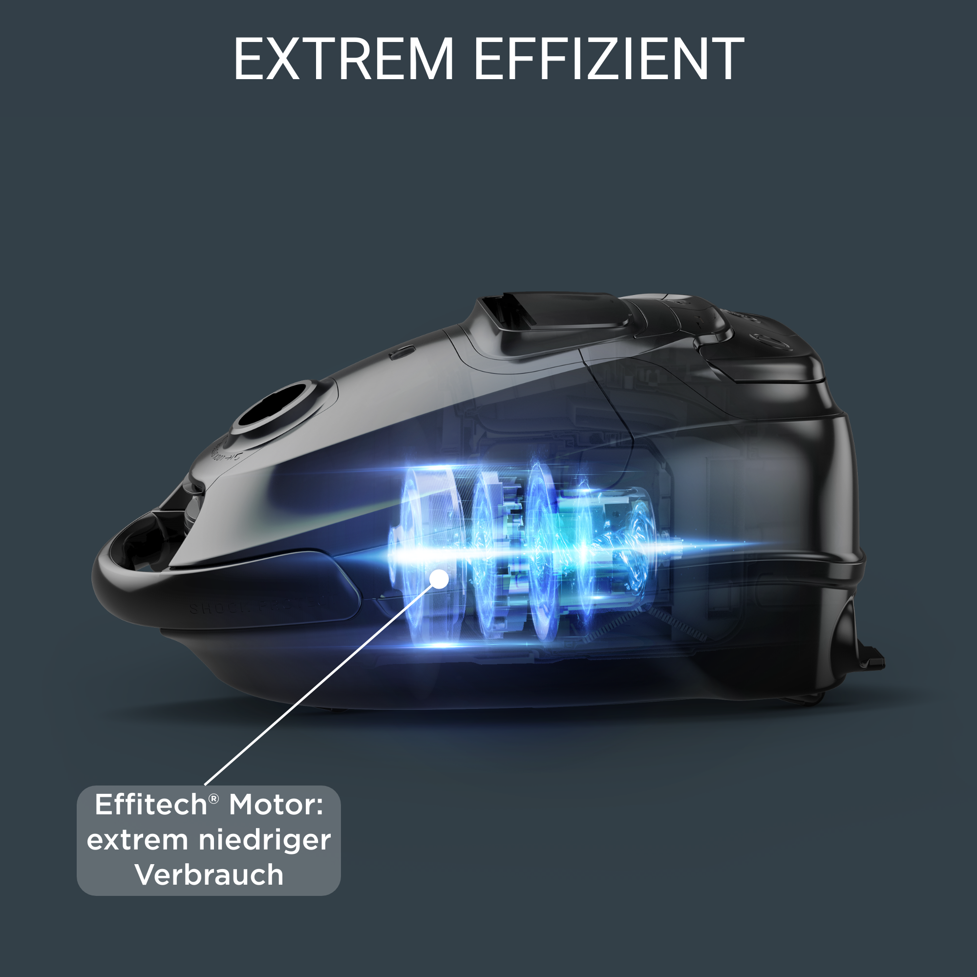Einblick in einen schwarzen Staubsauger, der den leuchtend blauen Motor zeigt.