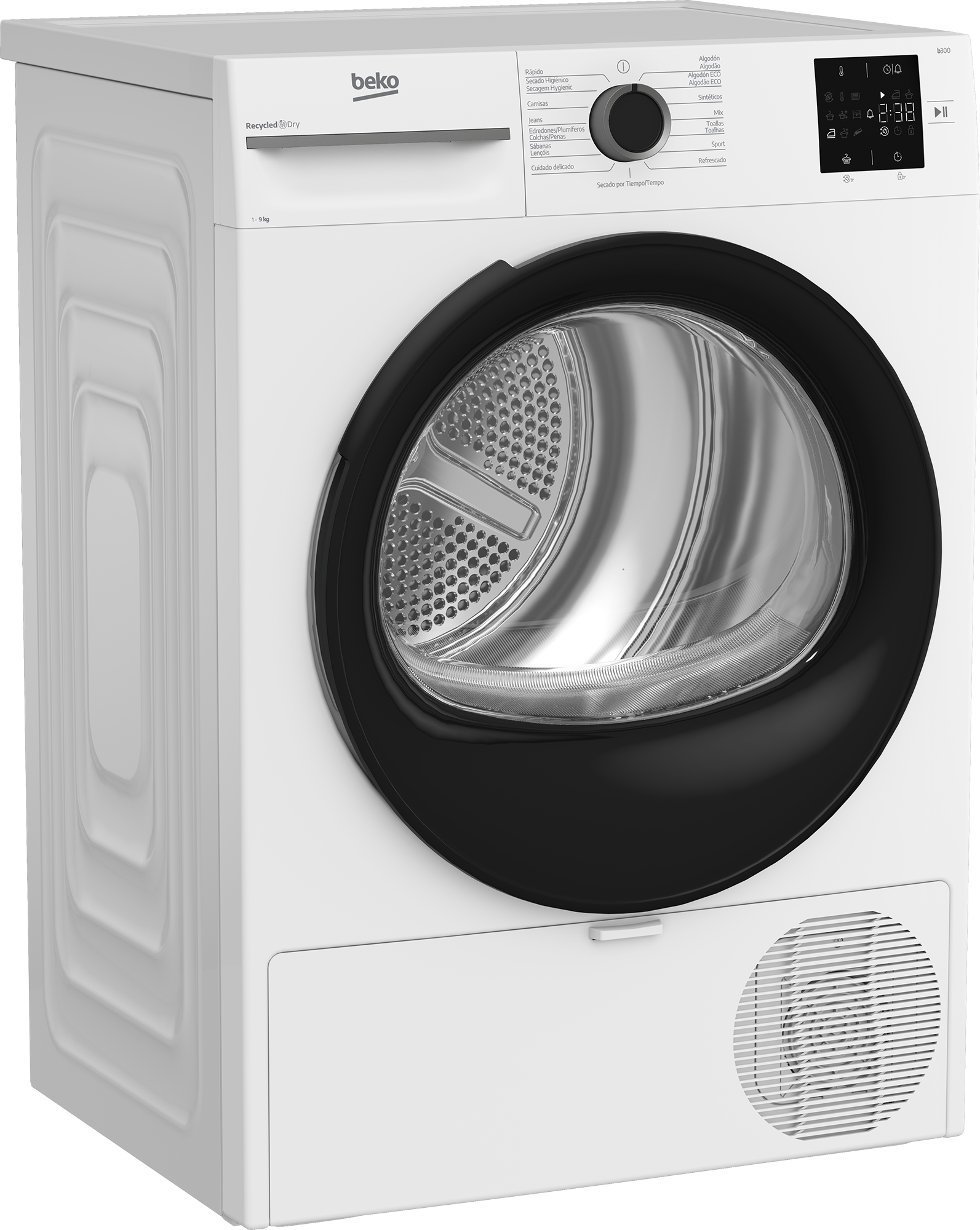 Una secadora Beko blanca con puerta negra y pantalla digital.