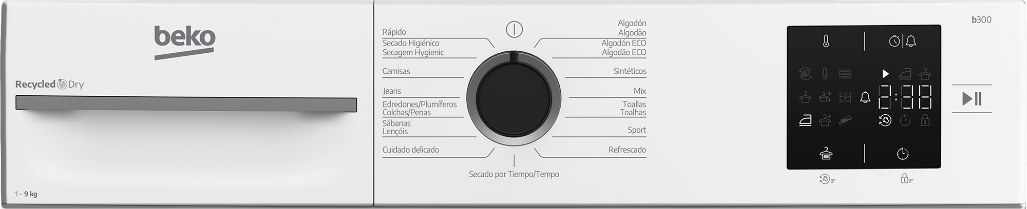 Secadora Beko con selector de programas y pantalla digital. Capacidad 1-9 kg.