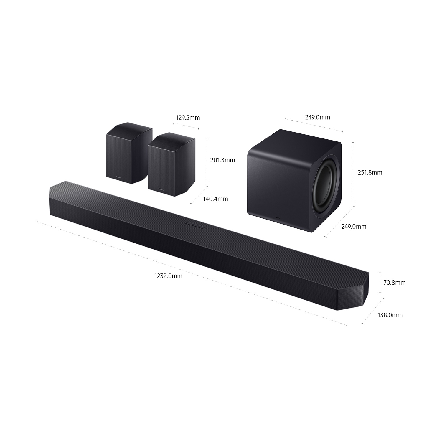 Soundbar, subwoofer e due altoparlanti satellitari neri con dimensioni.