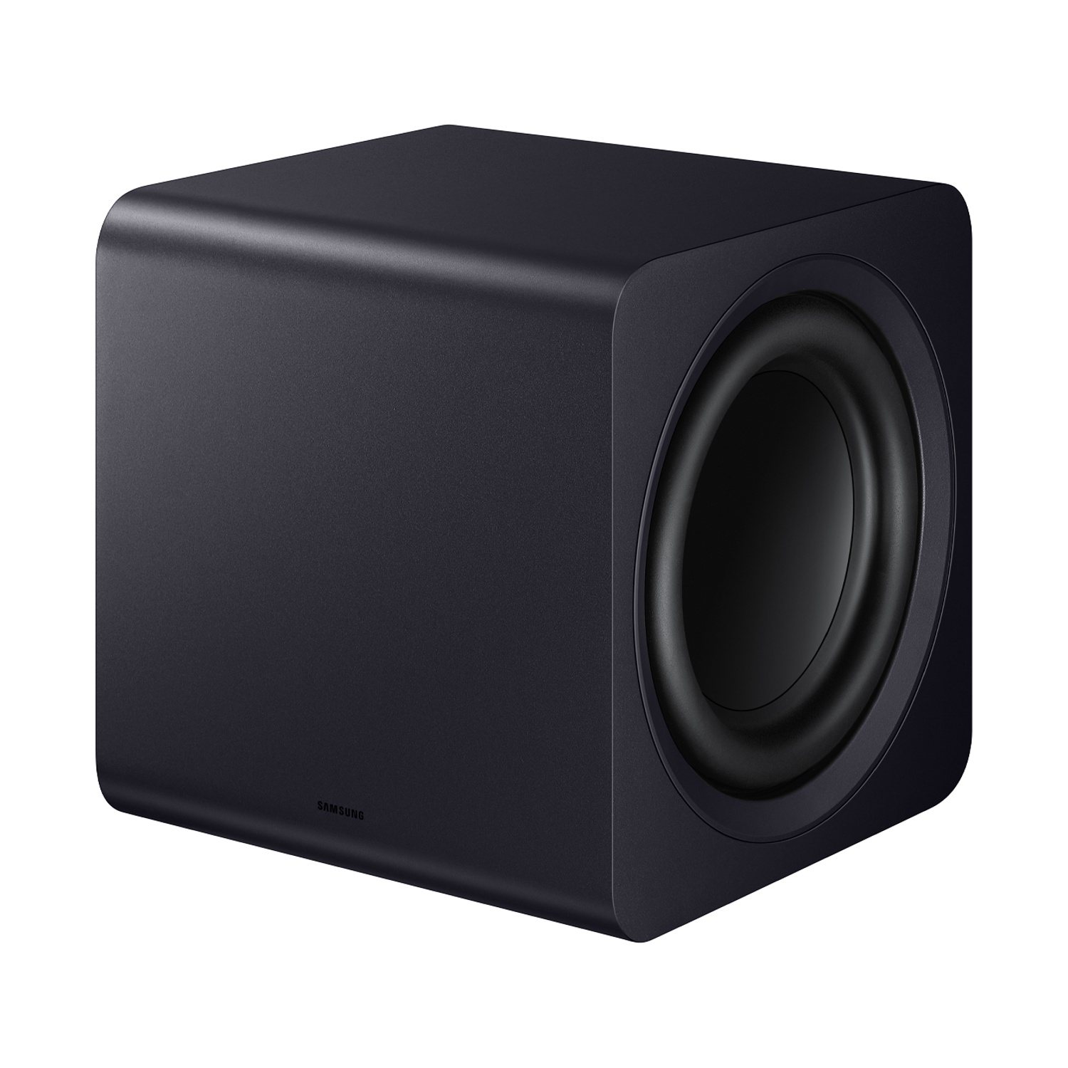 Subwoofer Samsung nero con angoli arrotondati e altoparlante visibile.