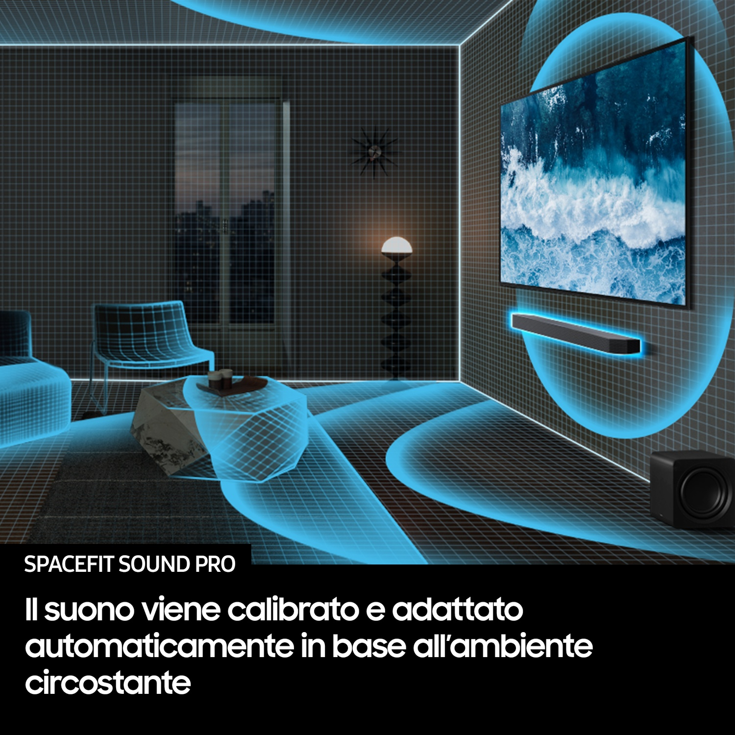Soggiorno moderno con TV, soundbar, subwoofer e motivo sonoro blu.