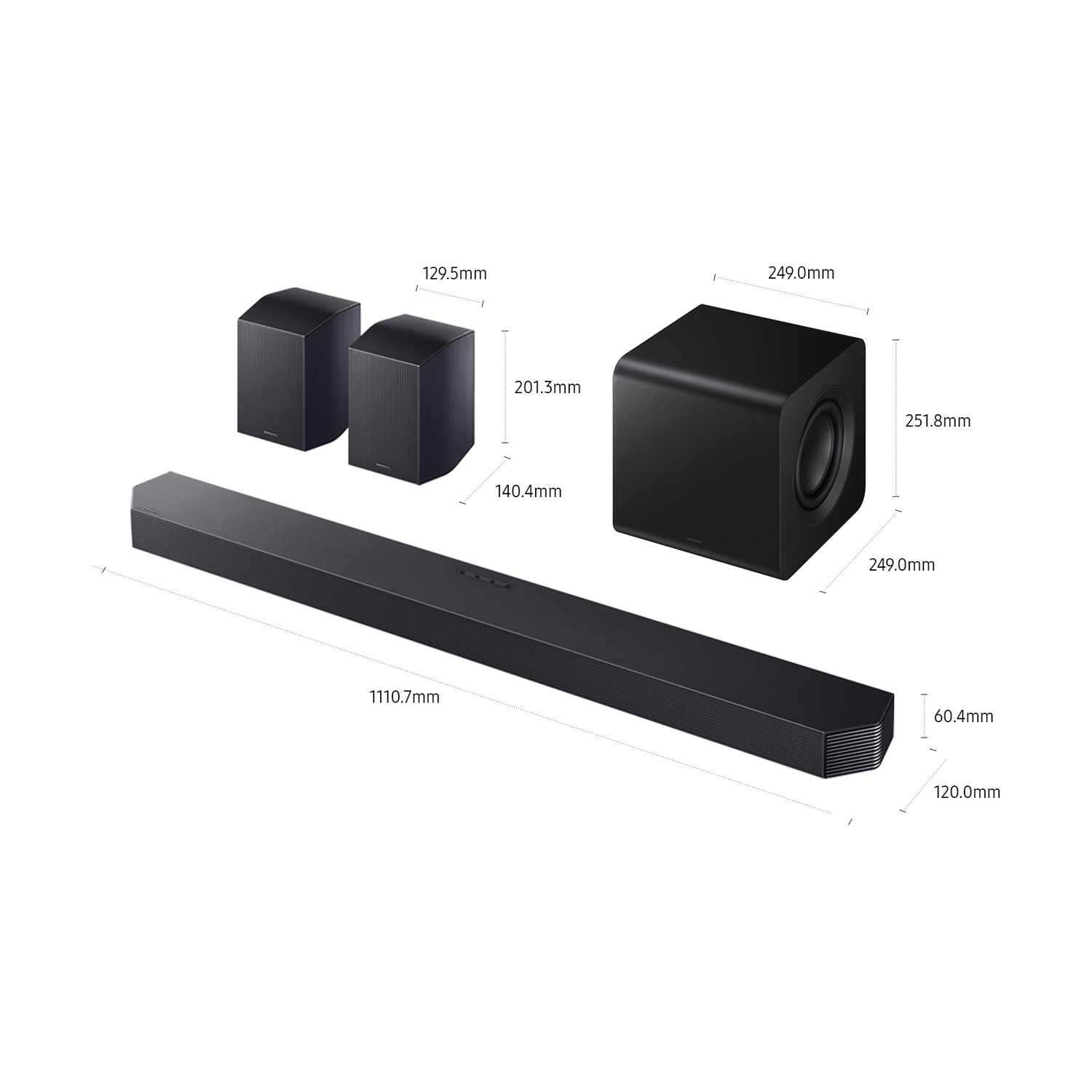 Soundbar nera, due altoparlanti e un subwoofer con dimensioni.