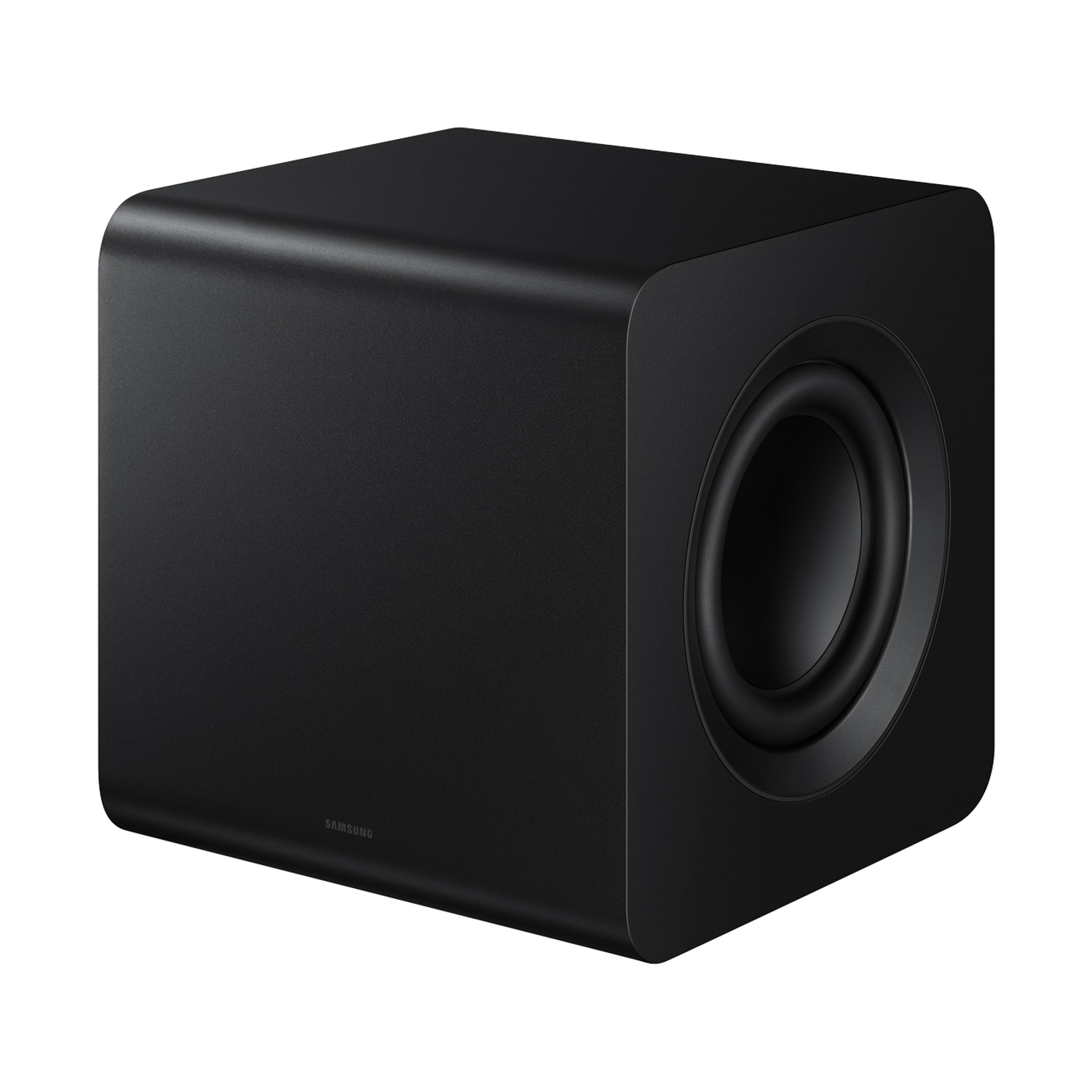 Subwoofer nero con logo Samsung, sfondo bianco.
