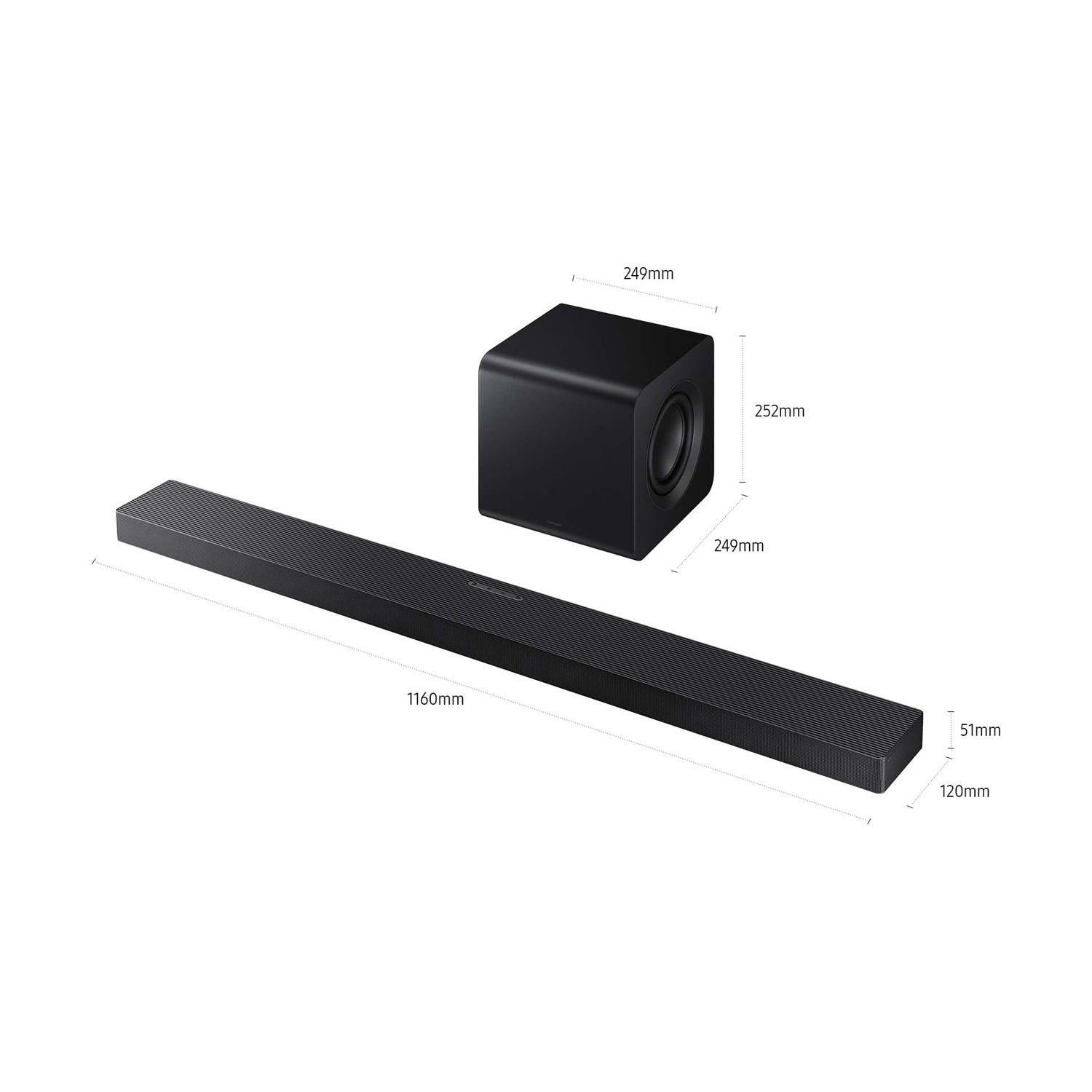 Soundbar e subwoofer neri con dimensioni.