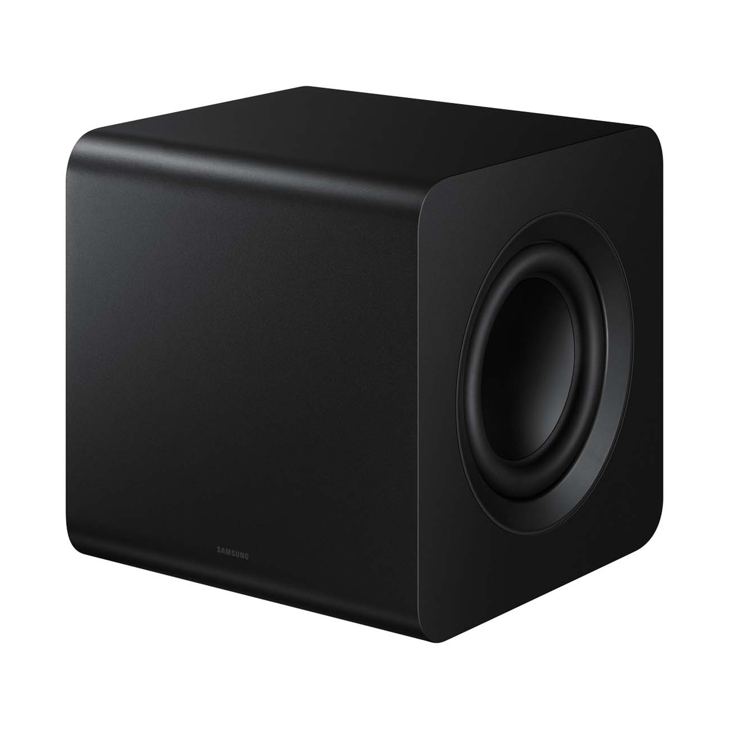 Subwoofer nero con angoli arrotondati e woofer visibile.