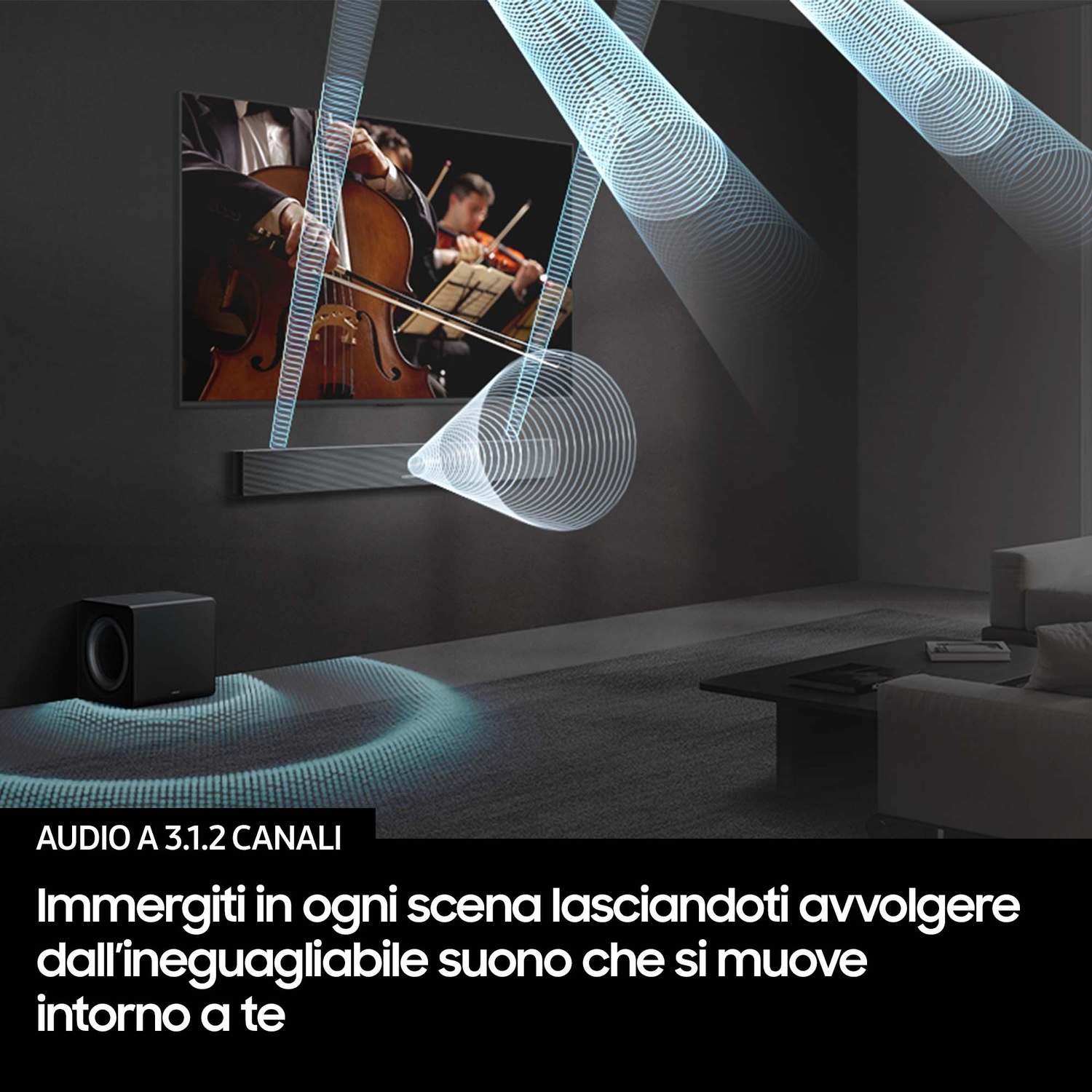 Un home theater 3.1.2 canali, con violini e violoncelli.