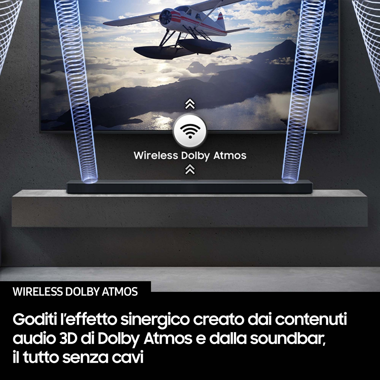 TV mostra idrovolante su montagne. Soundbar davanti.