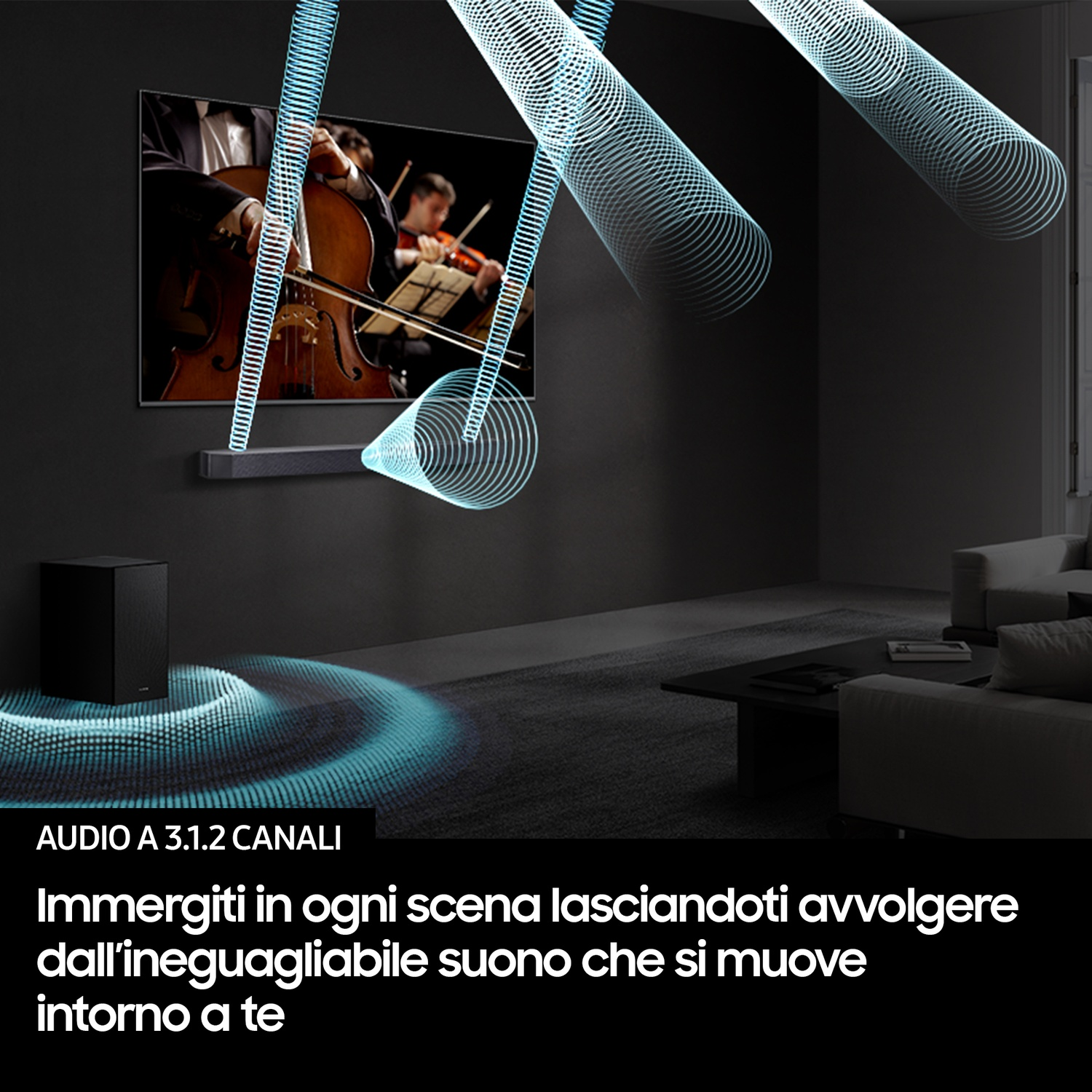 Sistema home theater con soundbar, subwoofer e schermo che mostra musicisti.