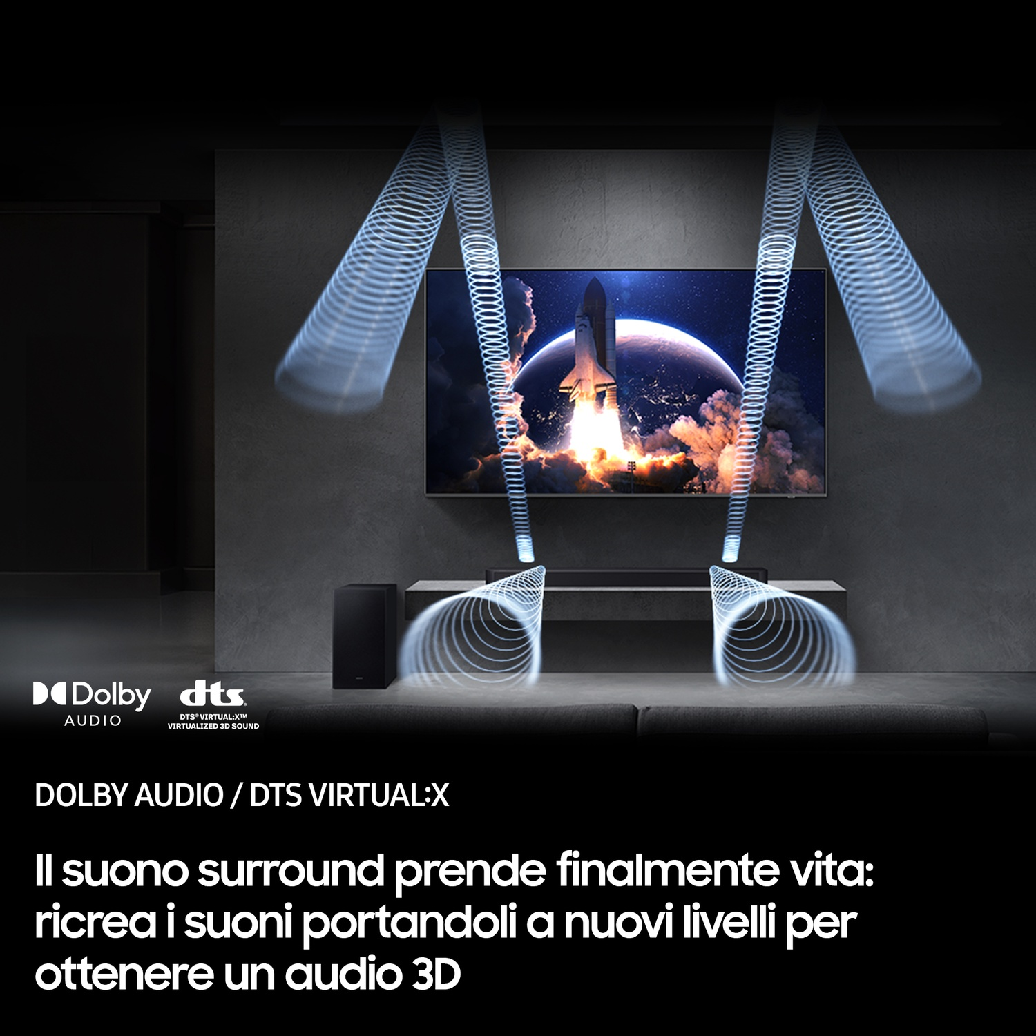 Soundbar con subwoofer e TV; lancio di razzo sullo schermo.