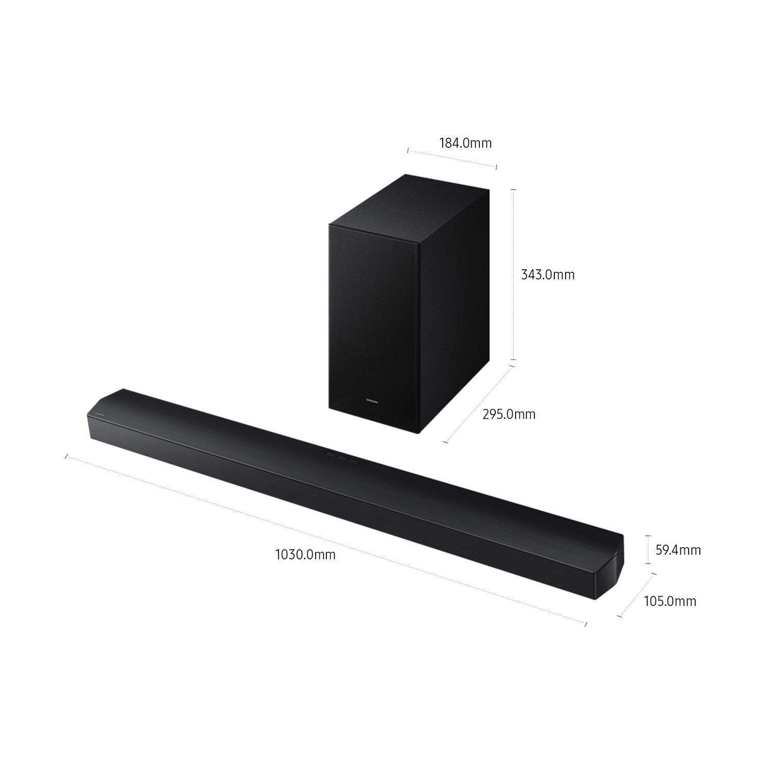 Soundbar nera (1030x59.4x105mm) e subwoofer (184x343x295mm) con dimensioni.