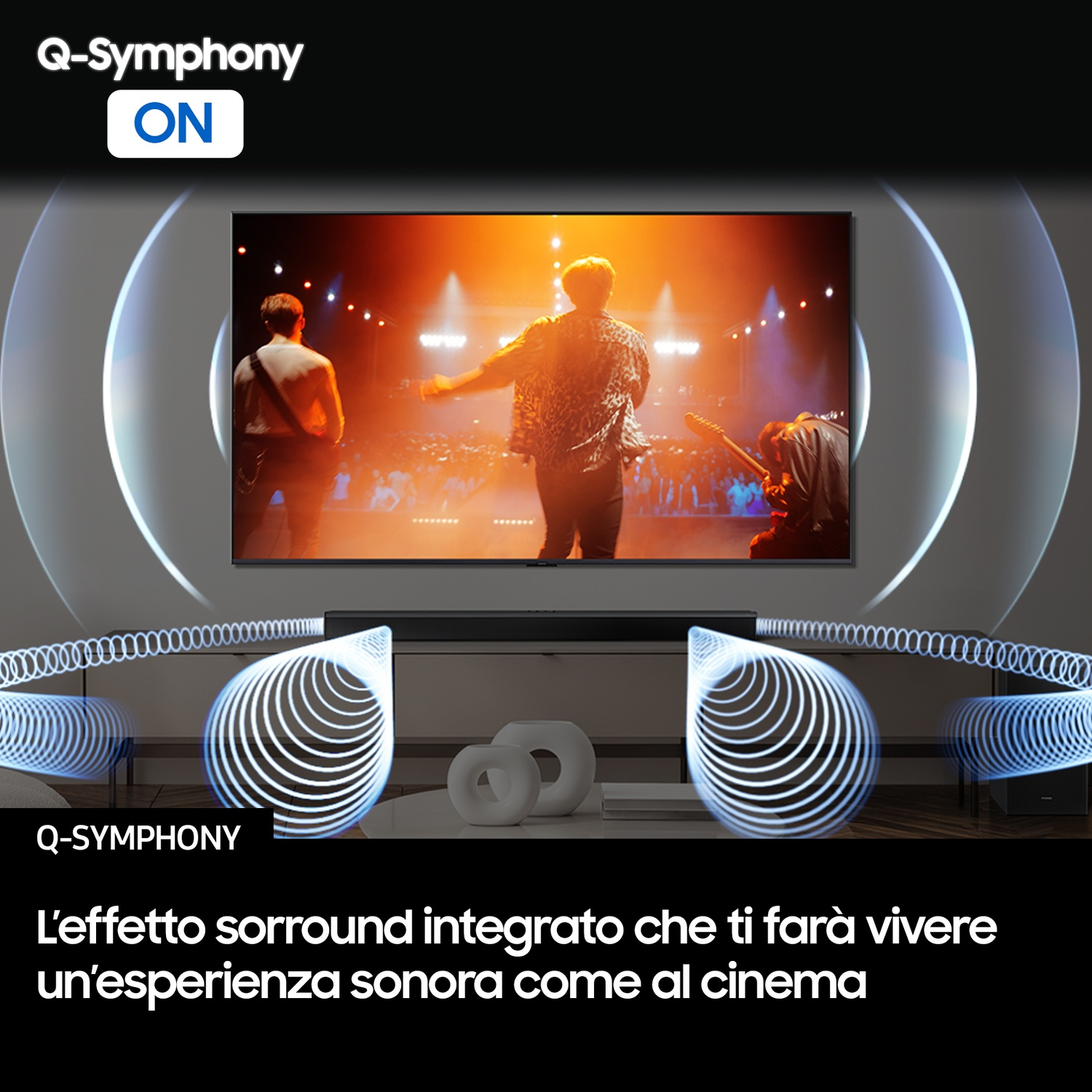 Samsung Q-Symphony: Musicisti sul palco, circondati da onde sonore.