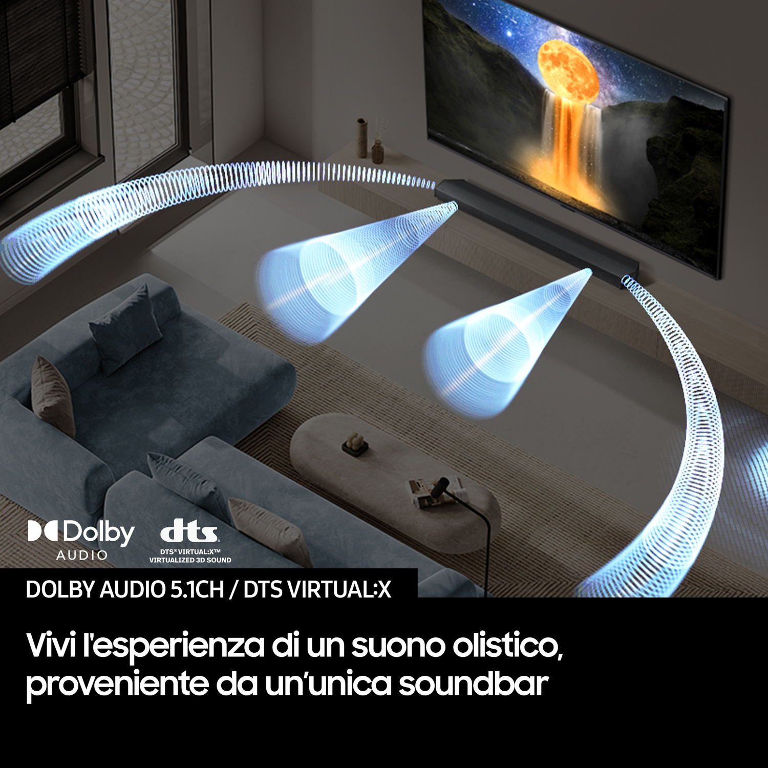 Soggiorno con soundbar, TV e onde sonore blu.