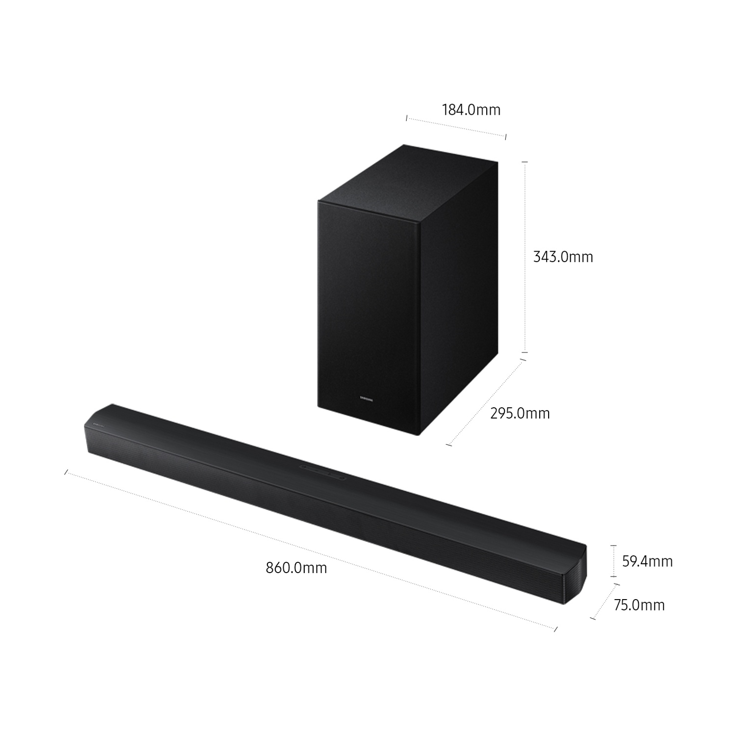 Soundbar e subwoofer neri con dimensioni. Dimensioni: 86,0x7,5x5,9cm (SB); 18,4x34,3x29,5cm (SW).